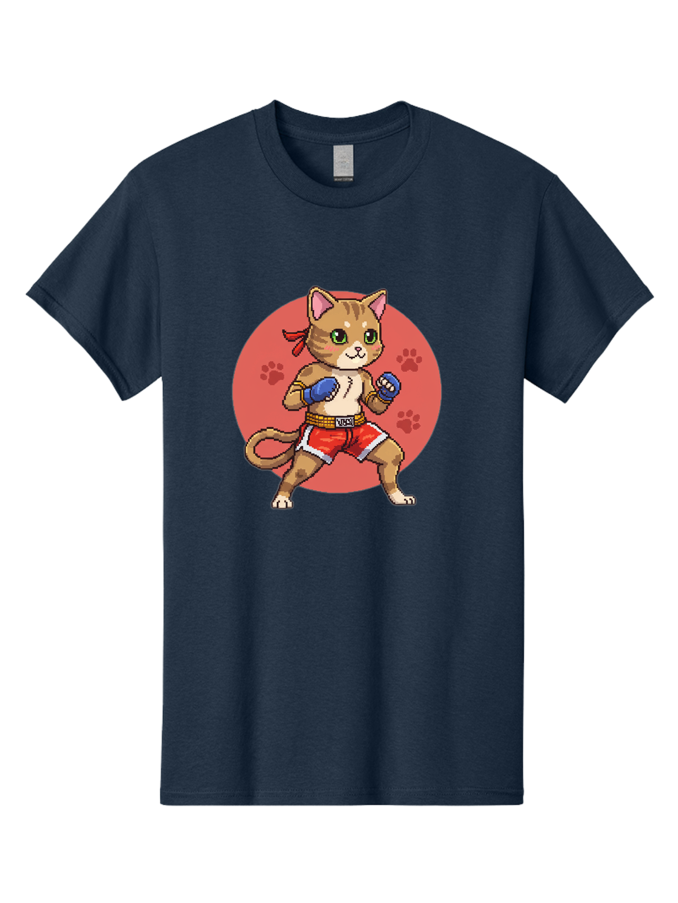 Cat-Boxer Men'S Graphic Tee, 100% Cotton, Comfortable Casual Summer Wear, Machine Washable, Cartoon Cat In Boxing Gloves, Muay Thai Fighter, Kawaii Kitty, Fighting Stance, Red Shorts, Blue Gloves, Playful Illustration, Cute Kitten Bae397 14