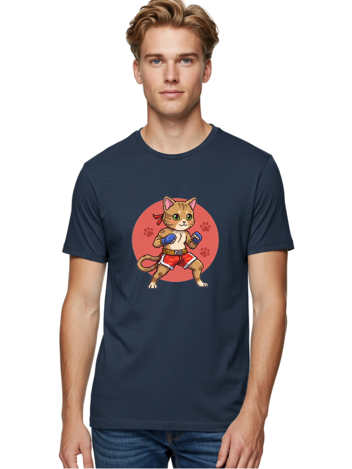 Cat-Boxer Men'S Graphic Tee, 100% Cotton, Comfortable Casual Summer Wear, Machine Washable, Cartoon Cat In Boxing Gloves, Muay Thai Fighter, Kawaii Kitty, Fighting Stance, Red Shorts, Blue Gloves, Playful Illustration, Cute Kitten Bae397 29