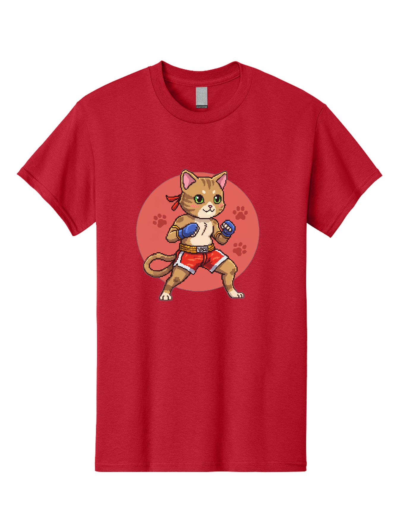Cat-Boxer Men'S Graphic Tee, 100% Cotton, Comfortable Casual Summer Wear, Machine Washable, Cartoon Cat In Boxing Gloves, Muay Thai Fighter, Kawaii Kitty, Fighting Stance, Red Shorts, Blue Gloves, Playful Illustration, Cute Kitten Bae397 3