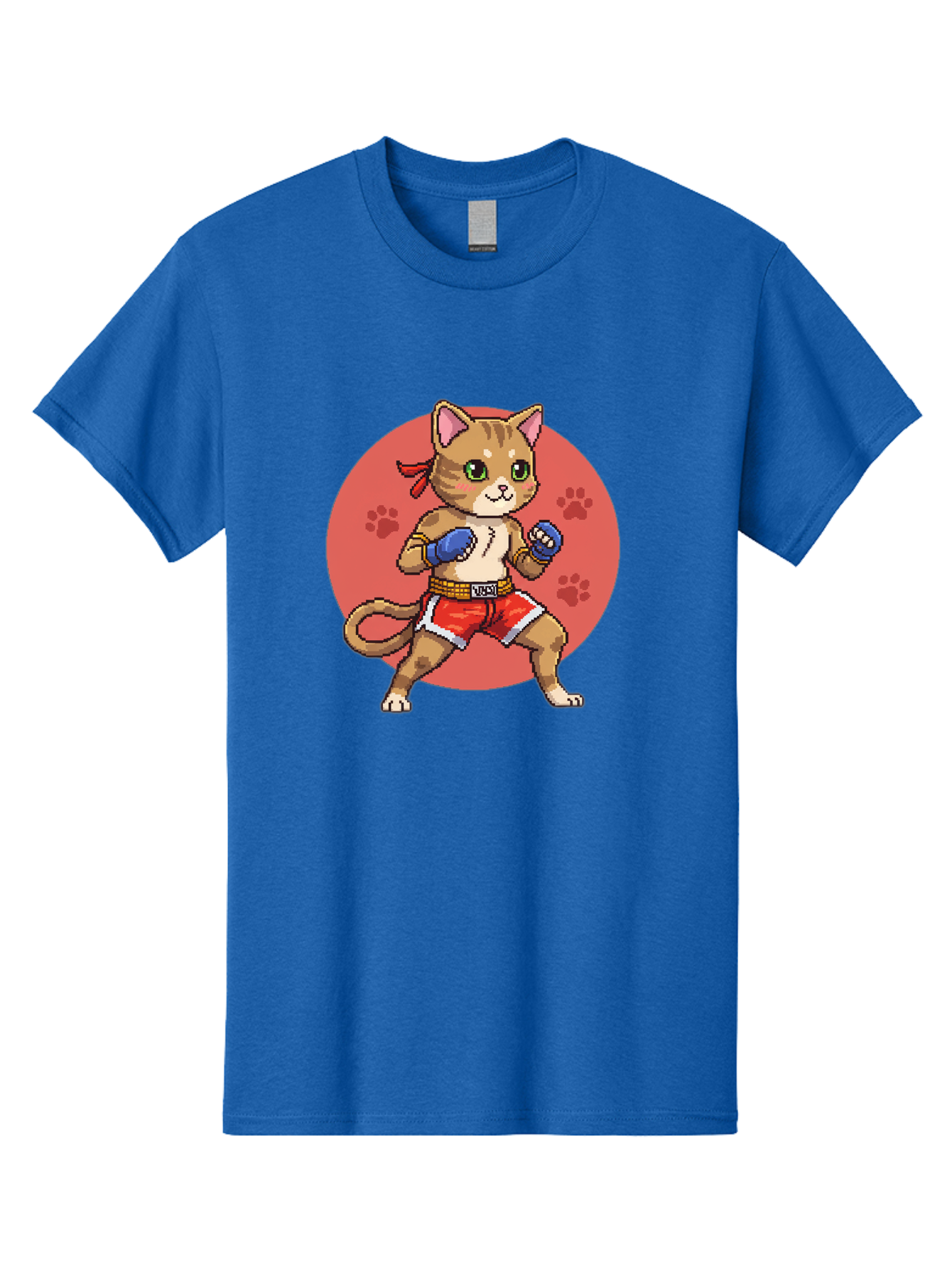 Cat-Boxer Men'S Graphic Tee, 100% Cotton, Comfortable Casual Summer Wear, Machine Washable, Cartoon Cat In Boxing Gloves, Muay Thai Fighter, Kawaii Kitty, Fighting Stance, Red Shorts, Blue Gloves, Playful Illustration, Cute Kitten Bae397 9
