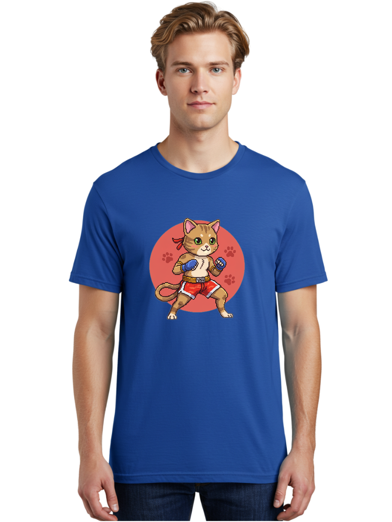 Cat-Boxer Men'S Graphic Tee, 100% Cotton, Comfortable Casual Summer Wear, Machine Washable, Cartoon Cat In Boxing Gloves, Muay Thai Fighter, Kawaii Kitty, Fighting Stance, Red Shorts, Blue Gloves, Playful Illustration, Cute Kitten Bae397 24