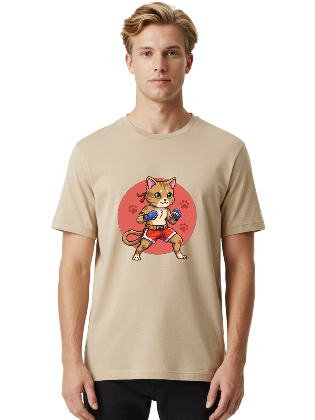 Cat-Boxer Men'S Graphic Tee, 100% Cotton, Comfortable Casual Summer Wear, Machine Washable, Cartoon Cat In Boxing Gloves, Muay Thai Fighter, Kawaii Kitty, Fighting Stance, Red Shorts, Blue Gloves, Playful Illustration, Cute Kitten Bae397 24