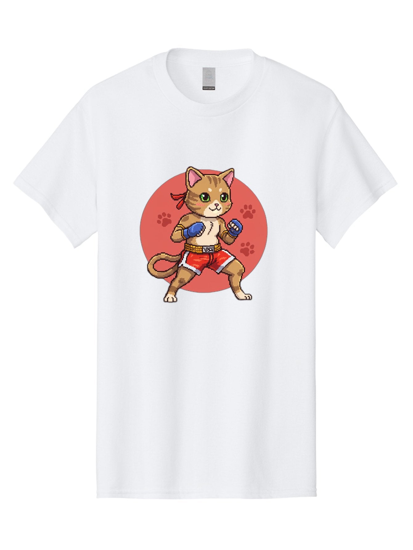 Cat-Boxer Men'S Graphic Tee, 100% Cotton, Comfortable Casual Summer Wear, Machine Washable, Cartoon Cat In Boxing Gloves, Muay Thai Fighter, Kawaii Kitty, Fighting Stance, Red Shorts, Blue Gloves, Playful Illustration, Cute Kitten Bae397 15