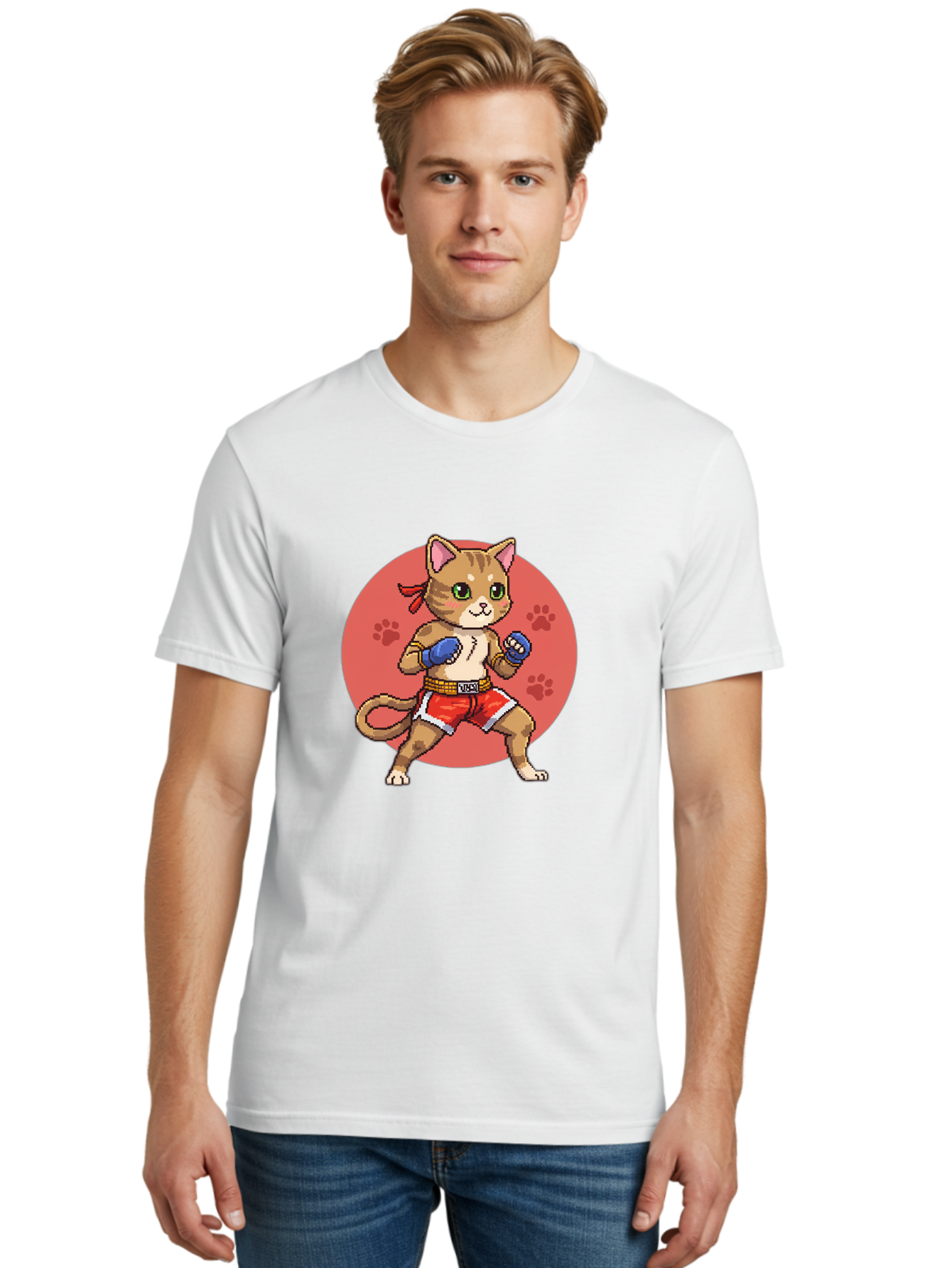 Cat-Boxer Men'S Graphic Tee, 100% Cotton, Comfortable Casual Summer Wear, Machine Washable, Cartoon Cat In Boxing Gloves, Muay Thai Fighter, Kawaii Kitty, Fighting Stance, Red Shorts, Blue Gloves, Playful Illustration, Cute Kitten Bae397 16