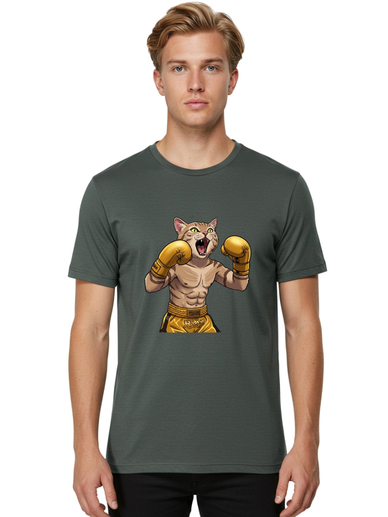 Cat-Fighter Men'S Graphic Tee, 100% Cotton, Comfortable Casual Summer Wear, Machine Washable, Cartoon Cat, Boxer Cat, Boxing Gloves, Martial Arts, Fitness, Anthropomorphic Animal, Fighting Stance, Strong Cat, Muscular Cat, Bae398 21