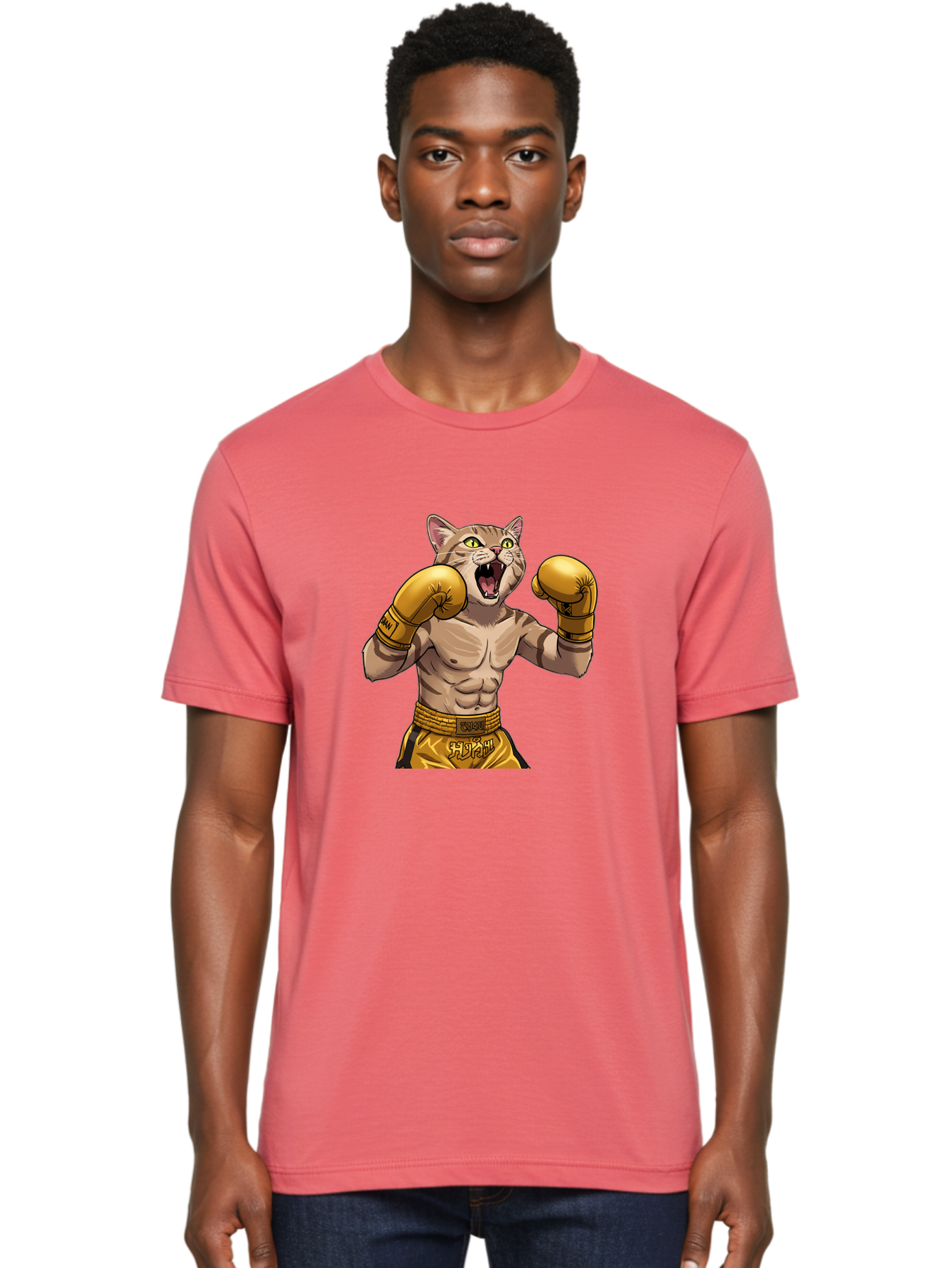Cat-Fighter Men'S Graphic Tee, 100% Cotton, Comfortable Casual Summer Wear, Machine Washable, Cartoon Cat, Boxer Cat, Boxing Gloves, Martial Arts, Fitness, Anthropomorphic Animal, Fighting Stance, Strong Cat, Muscular Cat, Bae398 24