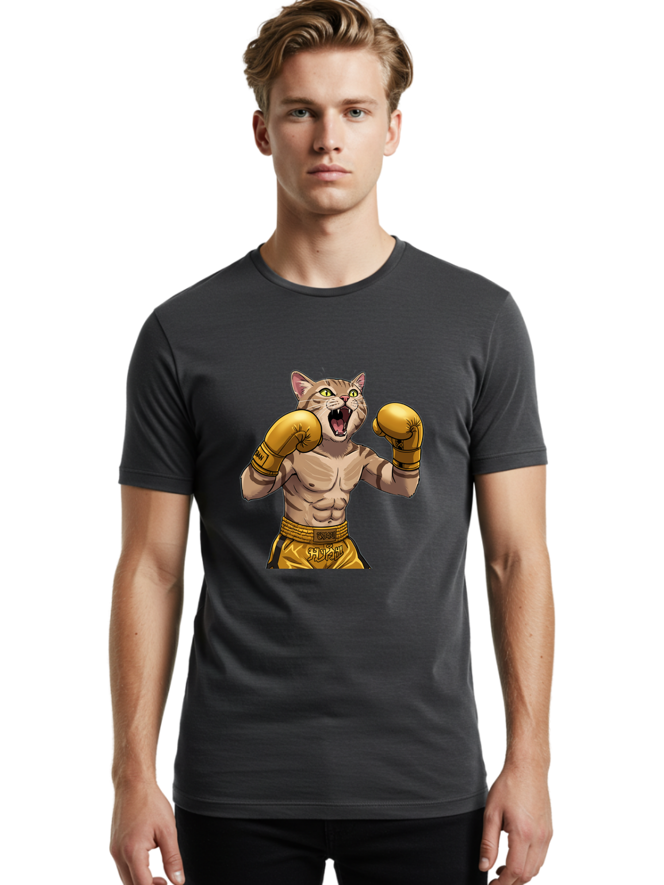 Cat-Fighter Men'S Graphic Tee, 100% Cotton, Comfortable Casual Summer Wear, Machine Washable, Cartoon Cat, Boxer Cat, Boxing Gloves, Martial Arts, Fitness, Anthropomorphic Animal, Fighting Stance, Strong Cat, Muscular Cat, Bae398 22