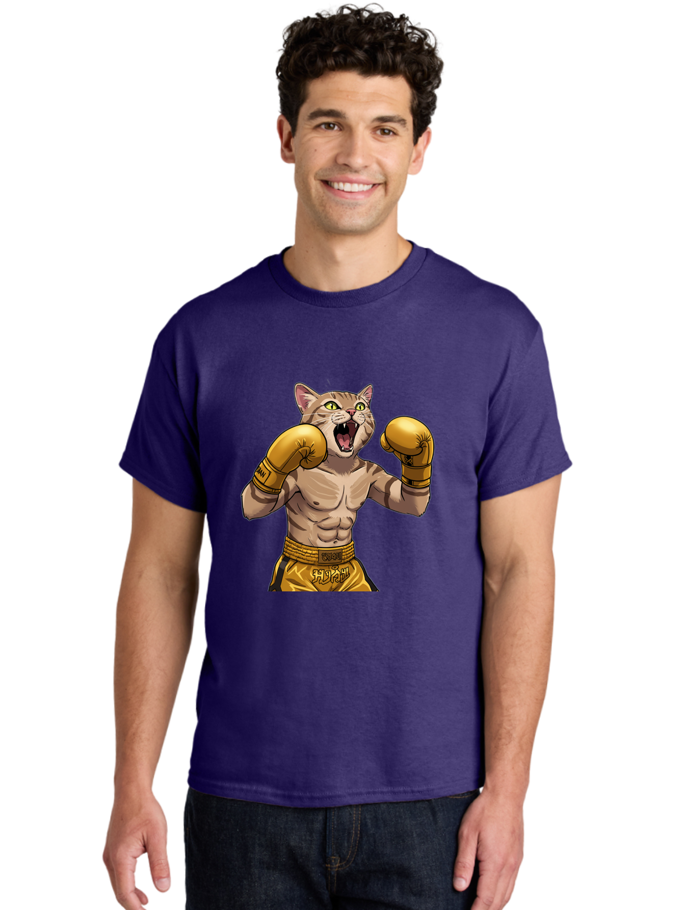 Cat-Fighter Men'S Graphic Tee, 100% Cotton, Comfortable Casual Summer Wear, Machine Washable, Cartoon Cat, Boxer Cat, Boxing Gloves, Martial Arts, Fitness, Anthropomorphic Animal, Fighting Stance, Strong Cat, Muscular Cat, Bae398 26