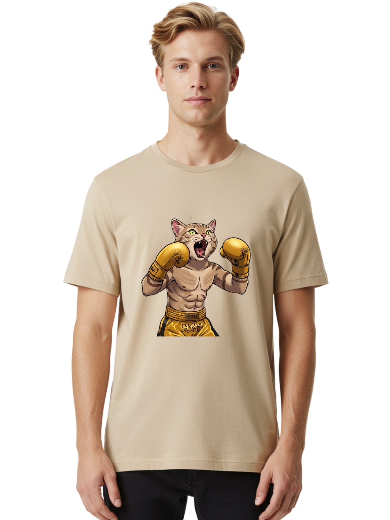 Cat-Fighter Men'S Graphic Tee, 100% Cotton, Comfortable Casual Summer Wear, Machine Washable, Cartoon Cat, Boxer Cat, Boxing Gloves, Martial Arts, Fitness, Anthropomorphic Animal, Fighting Stance, Strong Cat, Muscular Cat, Bae398 28