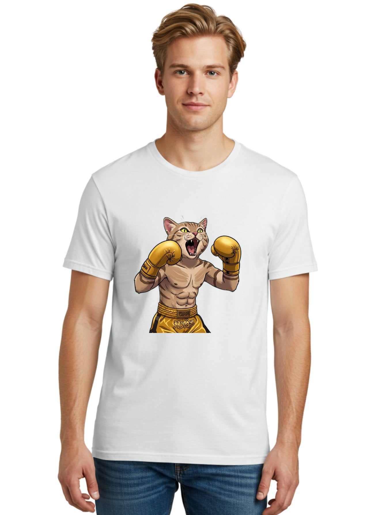 Cat-Fighter Men'S Graphic Tee, 100% Cotton, Comfortable Casual Summer Wear, Machine Washable, Cartoon Cat, Boxer Cat, Boxing Gloves, Martial Arts, Fitness, Anthropomorphic Animal, Fighting Stance, Strong Cat, Muscular Cat, Bae398 16