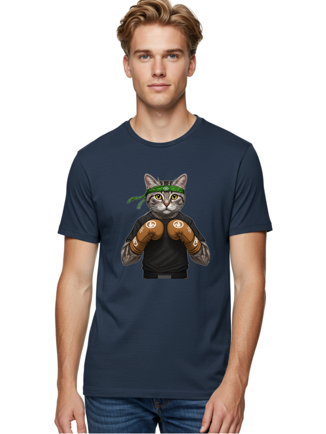 Cat-In-Boxing-Gloves Men'S Graphic Tee, 100% Cotton, Comfortable Casual Summer Wear, Machine Washable, Gray Tabby Cat, Boxing Gloves, Martial Arts Headband, Ninja Cat, Cool Cat, Funny Cat, Boxing Cat, Warrior Cat, Humorous Illustration, Bae399 30