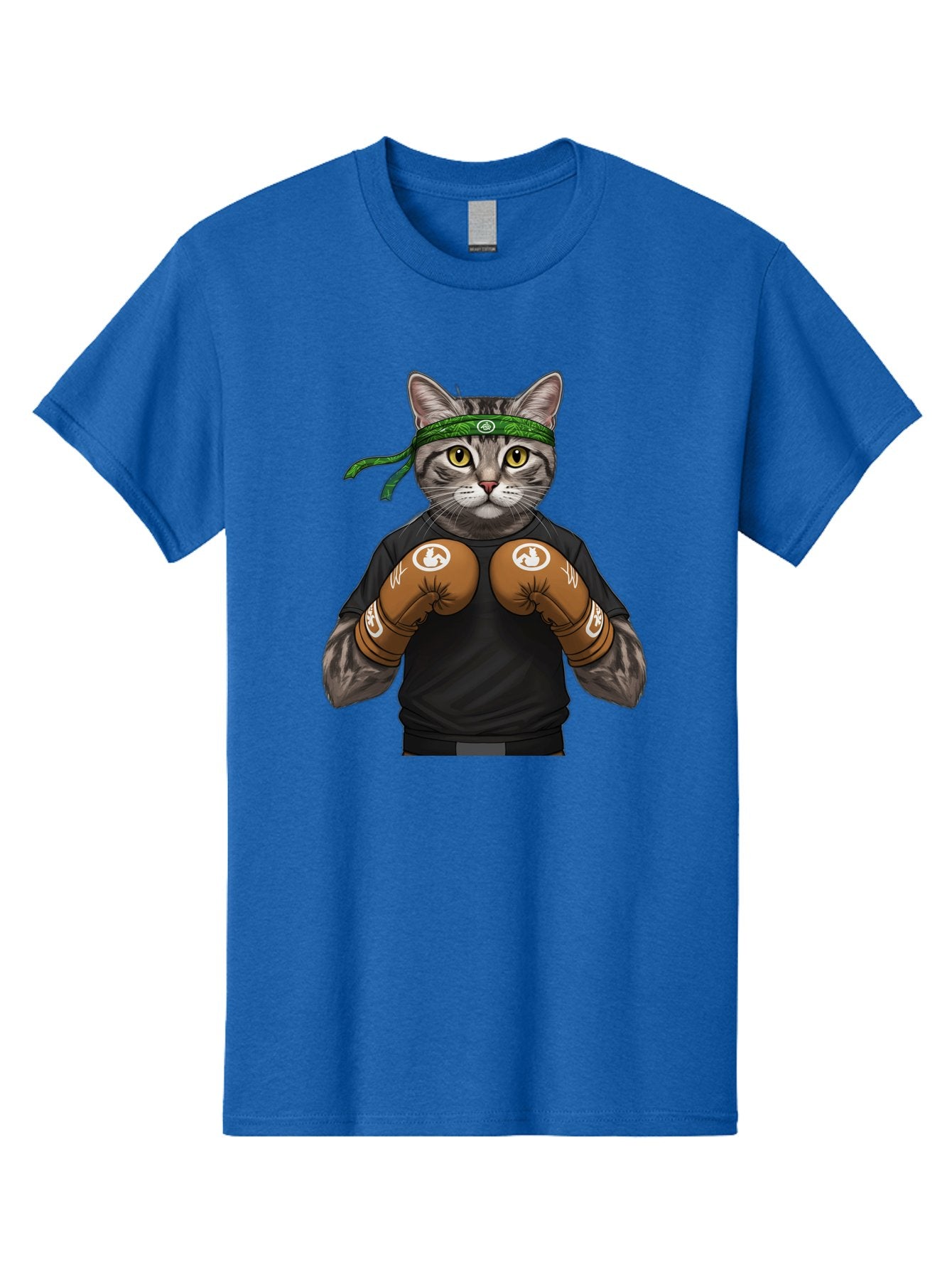 Cat-In-Boxing-Gloves Men'S Graphic Tee, 100% Cotton, Comfortable Casual Summer Wear, Machine Washable, Gray Tabby Cat, Boxing Gloves, Martial Arts Headband, Ninja Cat, Cool Cat, Funny Cat, Boxing Cat, Warrior Cat, Humorous Illustration, Bae399