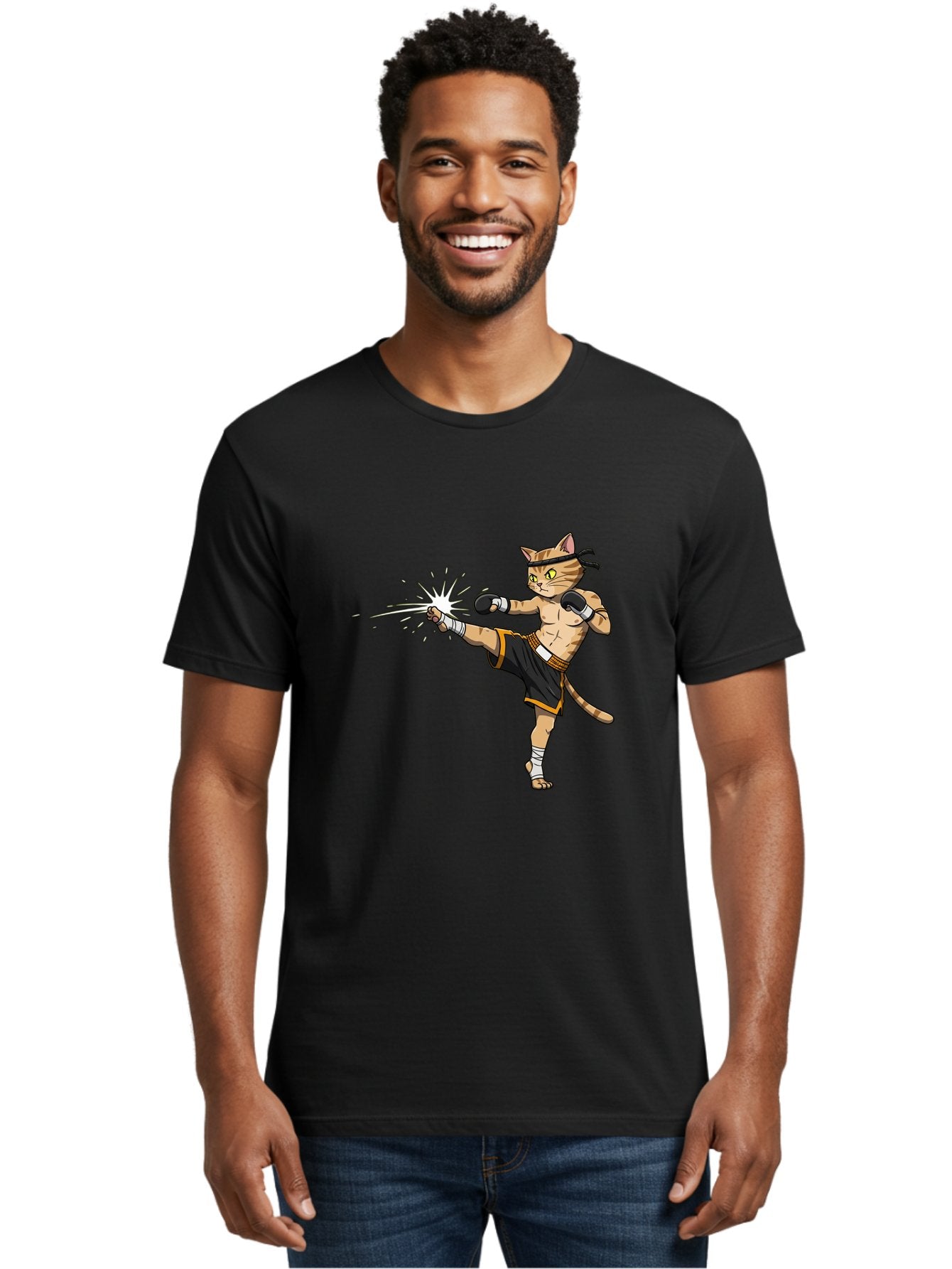 Cat-Kick Men'S Graphic Tee, 100% Cotton, Comfortable Casual Summer Wear, Machine Washable, Cartoon Cat, Muay Thai Fighter, Martial Arts, Kicking, Boxing Gloves, Dynamic Pose, Playful Humor, Animal Athlete, Energetic Motion, Fun Design Bae400 23