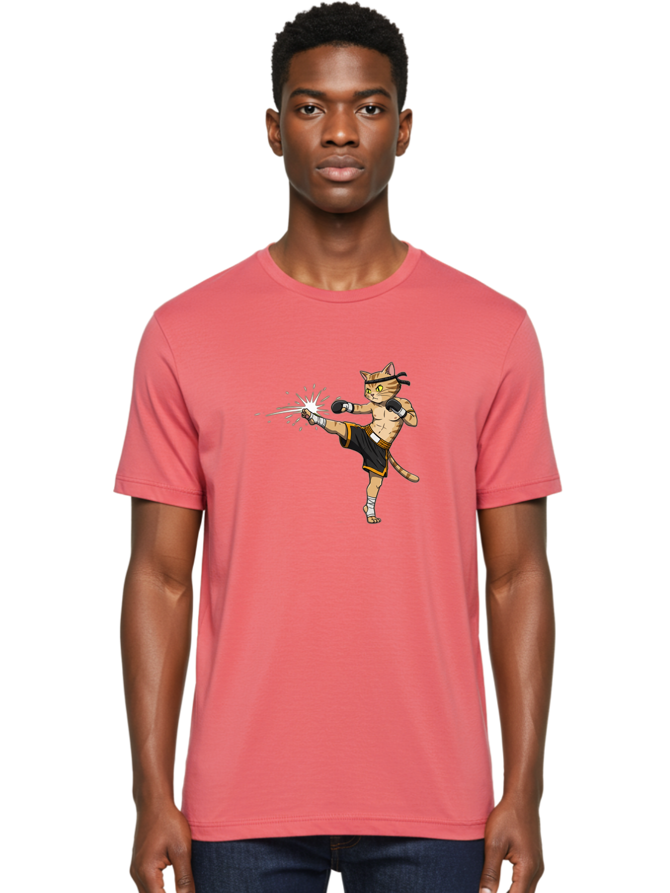 Cat-Kick Men'S Graphic Tee, 100% Cotton, Comfortable Casual Summer Wear, Machine Washable, Cartoon Cat, Muay Thai Fighter, Martial Arts, Kicking, Boxing Gloves, Dynamic Pose, Playful Humor, Animal Athlete, Energetic Motion, Fun Design Bae400 21
