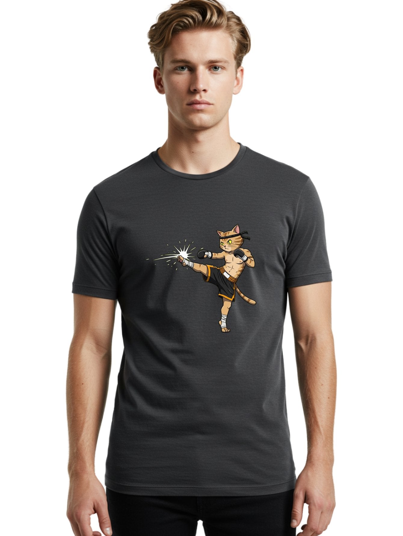 Cat-Kick Men'S Graphic Tee, 100% Cotton, Comfortable Casual Summer Wear, Machine Washable, Cartoon Cat, Muay Thai Fighter, Martial Arts, Kicking, Boxing Gloves, Dynamic Pose, Playful Humor, Animal Athlete, Energetic Motion, Fun Design Bae400 28
