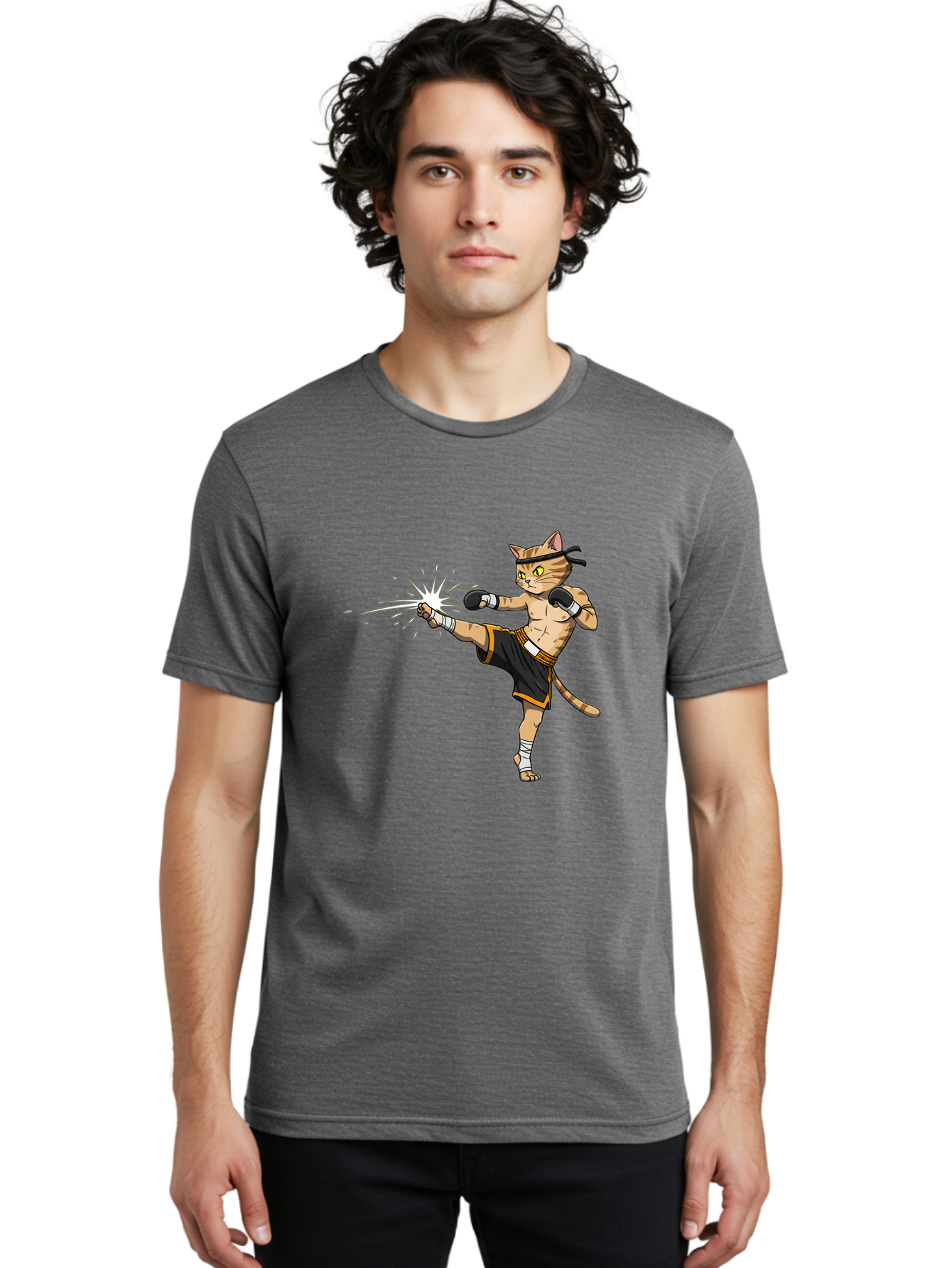 Cat-Kick Men'S Graphic Tee, 100% Cotton, Comfortable Casual Summer Wear, Machine Washable, Cartoon Cat, Muay Thai Fighter, Martial Arts, Kicking, Boxing Gloves, Dynamic Pose, Playful Humor, Animal Athlete, Energetic Motion, Fun Design Bae400 20