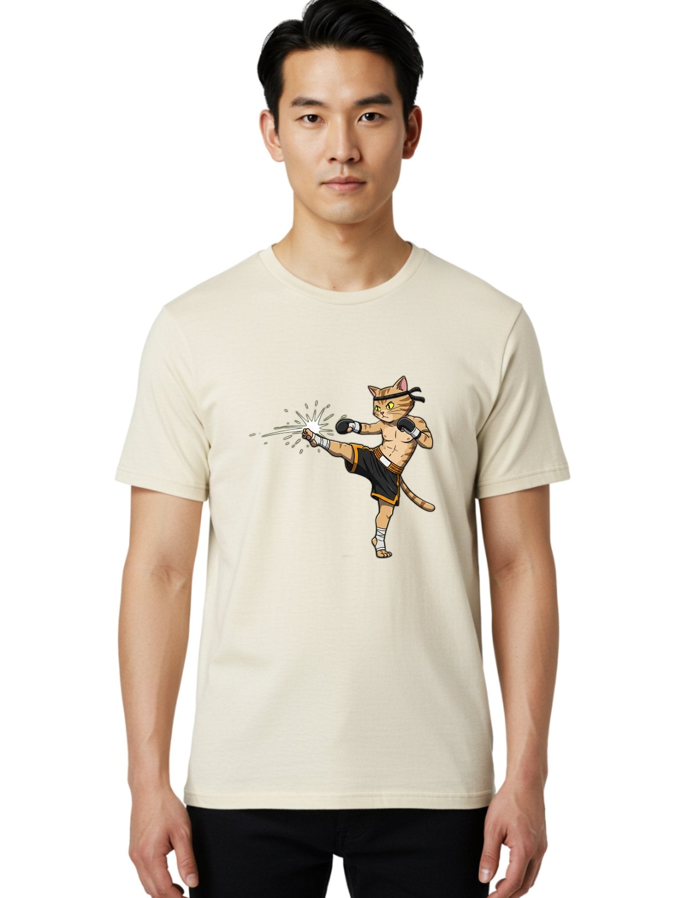 Cat-Kick Men'S Graphic Tee, 100% Cotton, Comfortable Casual Summer Wear, Machine Washable, Cartoon Cat, Muay Thai Fighter, Martial Arts, Kicking, Boxing Gloves, Dynamic Pose, Playful Humor, Animal Athlete, Energetic Motion, Fun Design Bae400 24