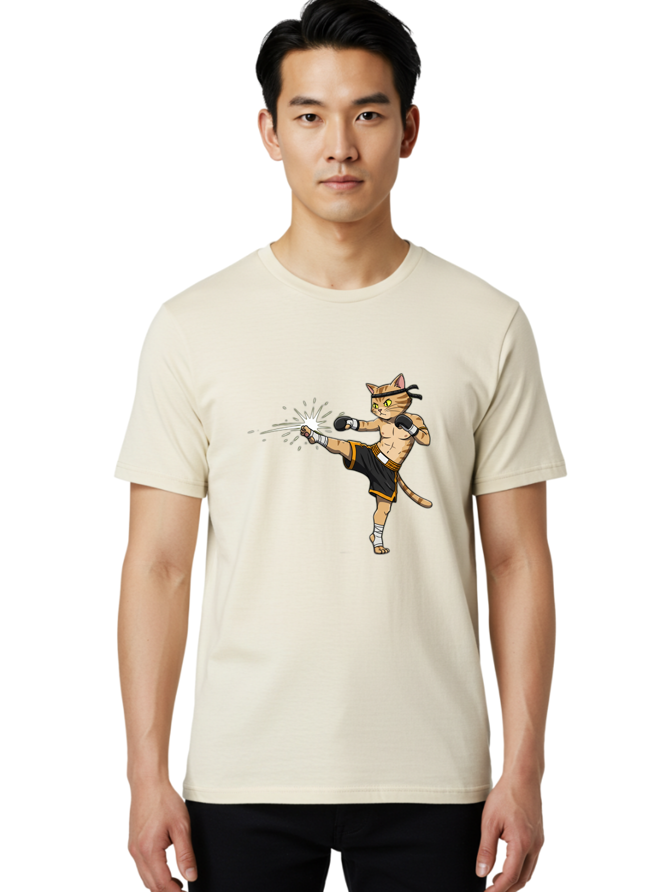 Cat-Kick Men'S Graphic Tee, 100% Cotton, Comfortable Casual Summer Wear, Machine Washable, Cartoon Cat, Muay Thai Fighter, Martial Arts, Kicking, Boxing Gloves, Dynamic Pose, Playful Humor, Animal Athlete, Energetic Motion, Fun Design Bae400 22