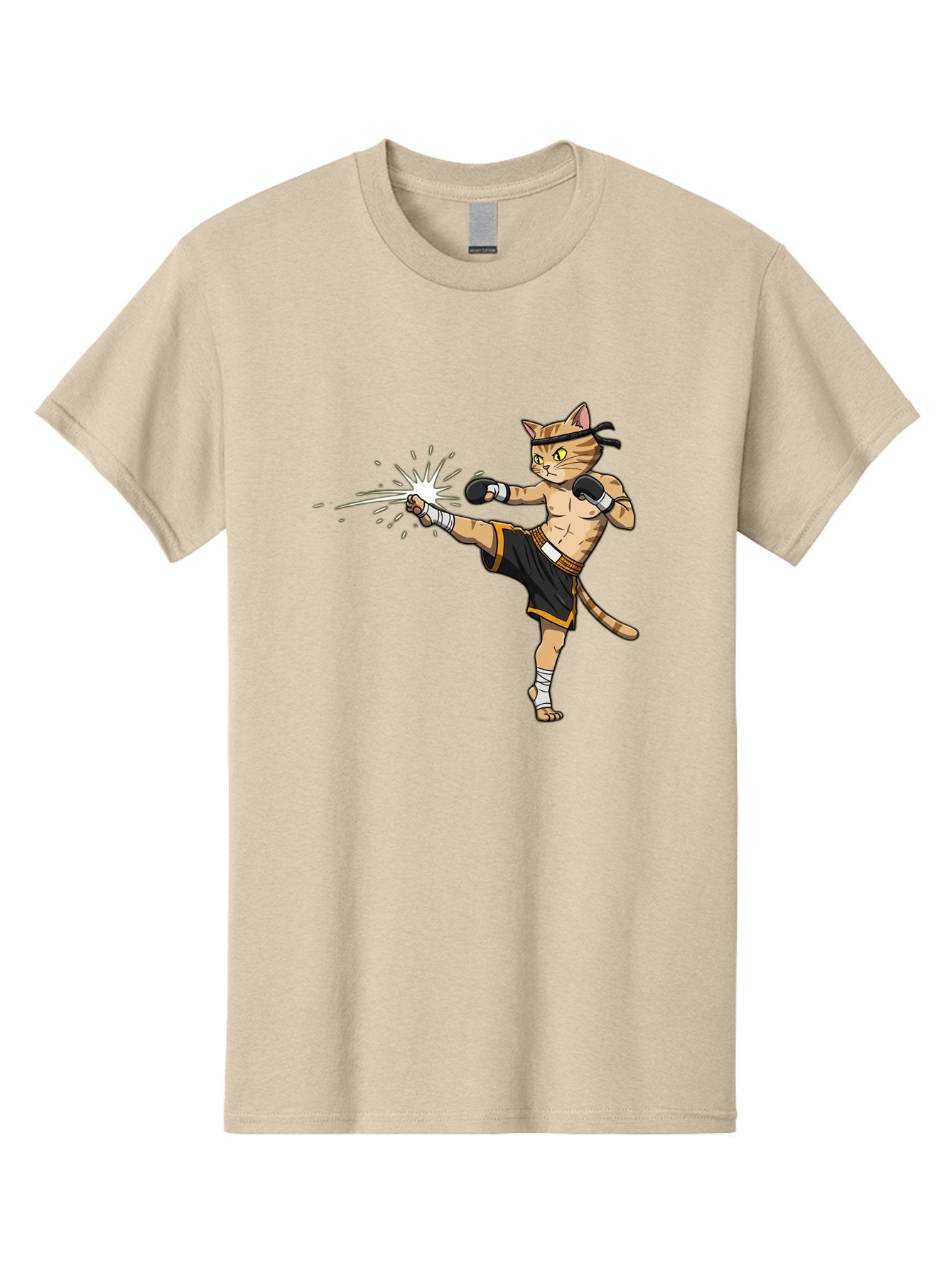 Cat-Kick Men'S Graphic Tee, 100% Cotton, Comfortable Casual Summer Wear, Machine Washable, Cartoon Cat, Muay Thai Fighter, Martial Arts, Kicking, Boxing Gloves, Dynamic Pose, Playful Humor, Animal Athlete, Energetic Motion, Fun Design Bae400 10