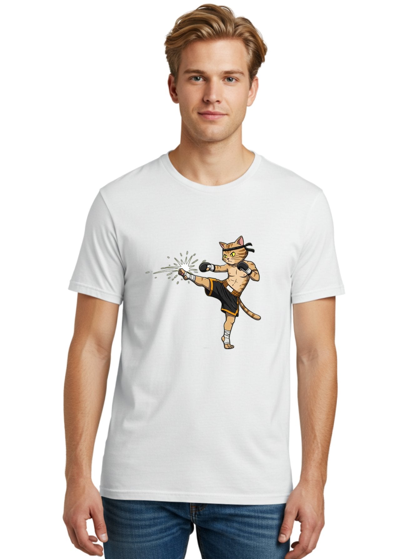 Cat-Kick Men'S Graphic Tee, 100% Cotton, Comfortable Casual Summer Wear, Machine Washable, Cartoon Cat, Muay Thai Fighter, Martial Arts, Kicking, Boxing Gloves, Dynamic Pose, Playful Humor, Animal Athlete, Energetic Motion, Fun Design Bae400 29