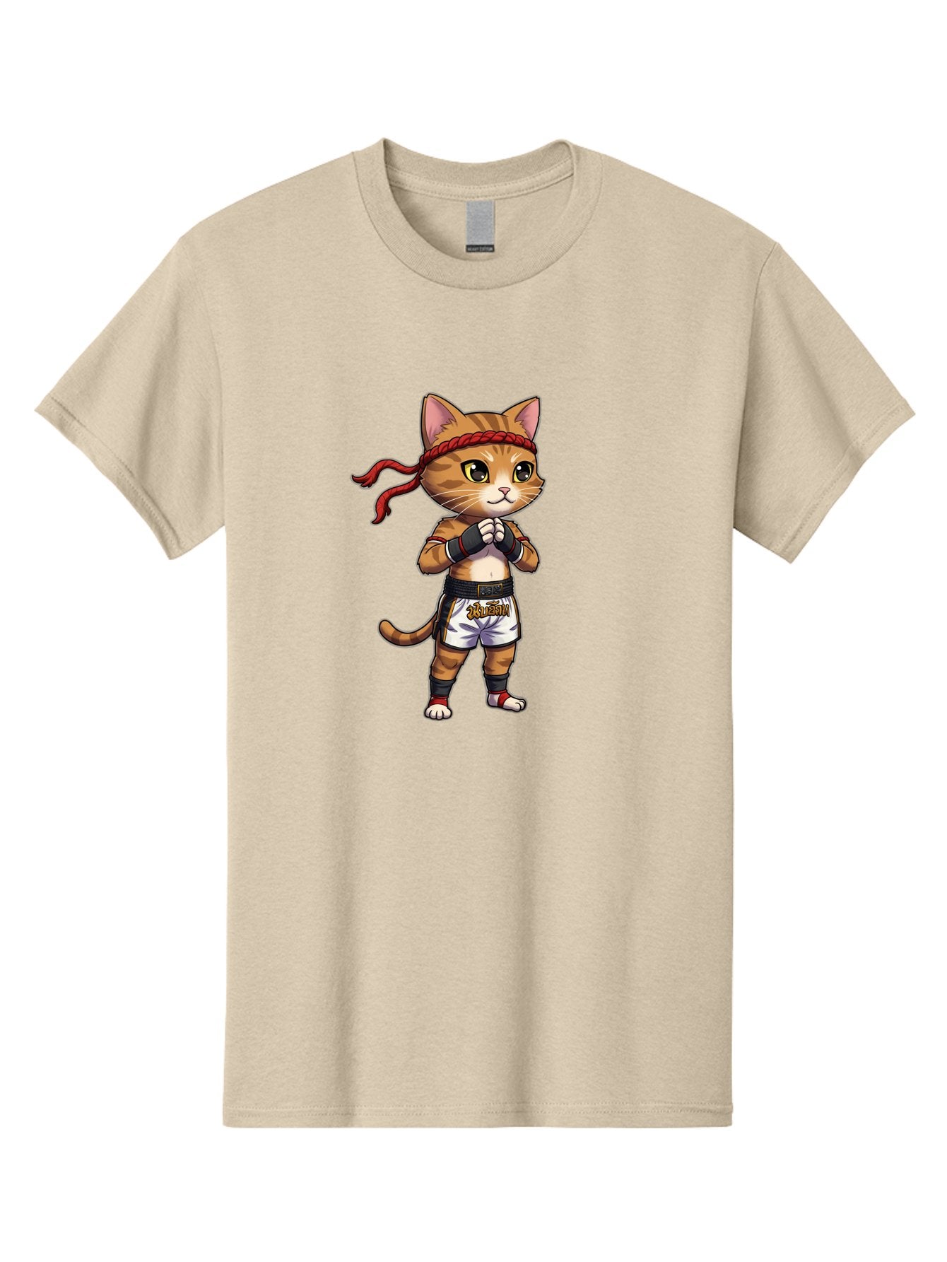 Cat-Kickboxer Men'S Graphic Tee, 100% Cotton, Comfortable Casual Summer Wear, Machine Washable, Cartoon Cat In Muay Thai Attire, Martial Arts Training, Adorable Animal, Fighting Stance, Braided Headband, Black Tape, Orange Stripes, Bae401 3