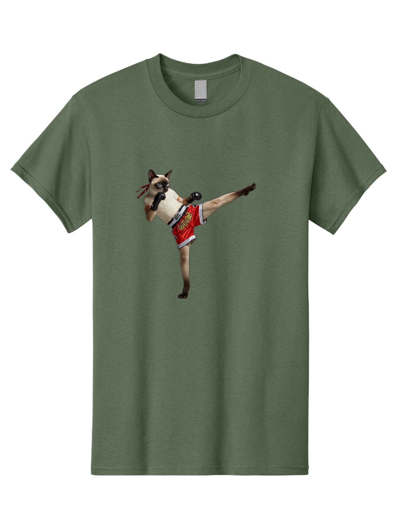 Cat-Kickboxing Men'S Graphic Tee, 100% Cotton, Comfortable Casual Summer Wear, Machine Washable, Siamese Cat Kickboxing, Anthropomorphic Cat, Boxing Gloves, Red Shorts, Martial Arts, Fighting Stance, Funny Animals, Cat Humor, Feline Antics, Bae402