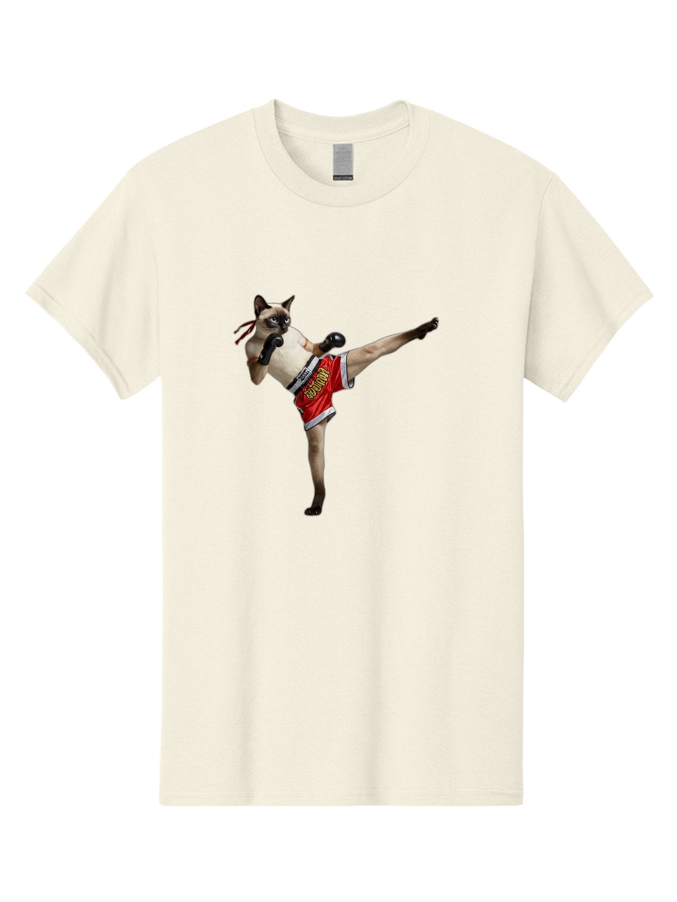 Cat-Kickboxing Men'S Graphic Tee, 100% Cotton, Comfortable Casual Summer Wear, Machine Washable, Siamese Cat Kickboxing, Anthropomorphic Cat, Boxing Gloves, Red Shorts, Martial Arts, Fighting Stance, Funny Animals, Cat Humor, Feline Antics, Bae402
