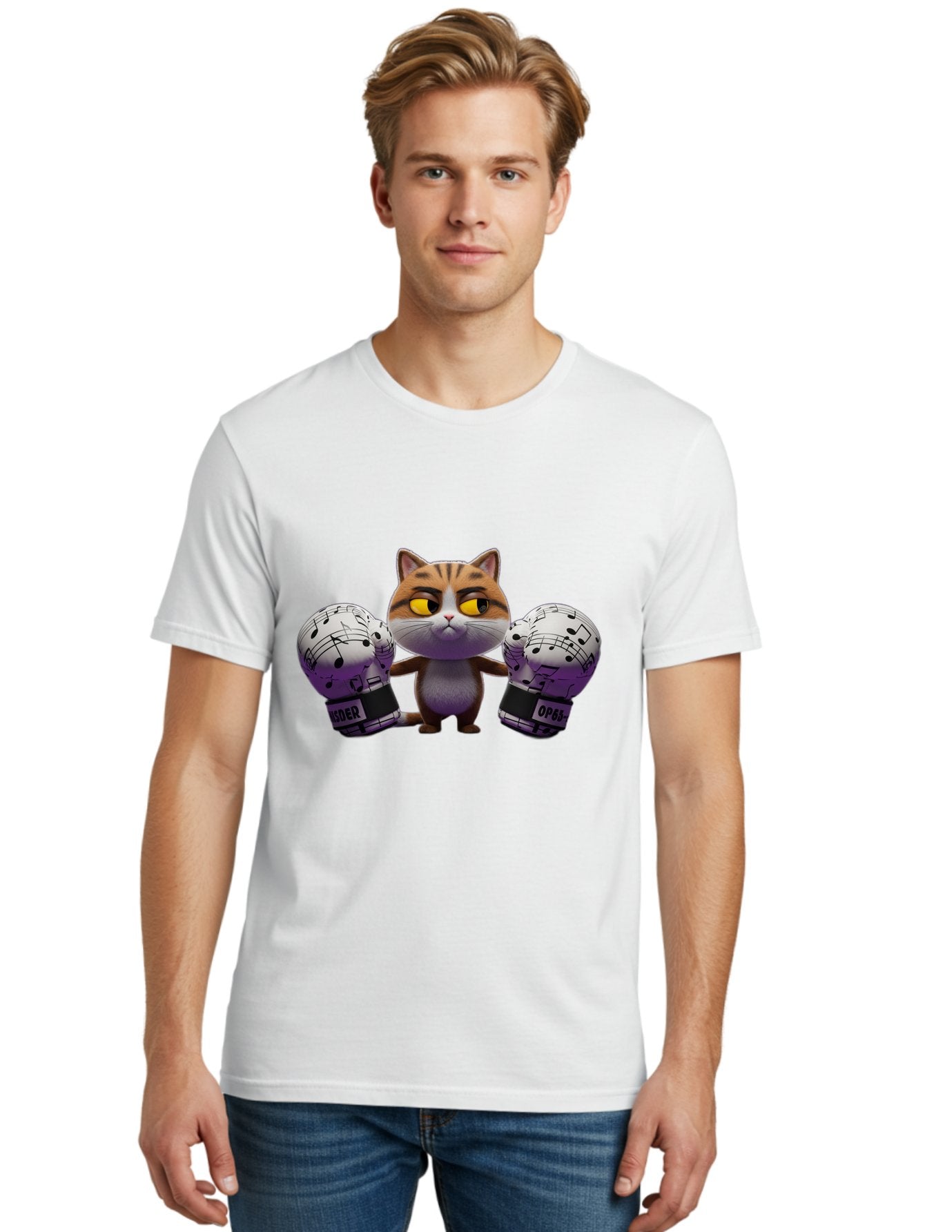 Cat-With-Boxing-Gloves Men'S Graphic Tee, 100% Cotton, Comfortable Casual Summer Wear, Machine Washable, Boxing Cat, Cartoon Style, Orange Tabby Cat, Musical Notes Gloves, Boxing Gloves, Cat With Gloves, Funny Cartoon, Opder Opponent, Bae403 19