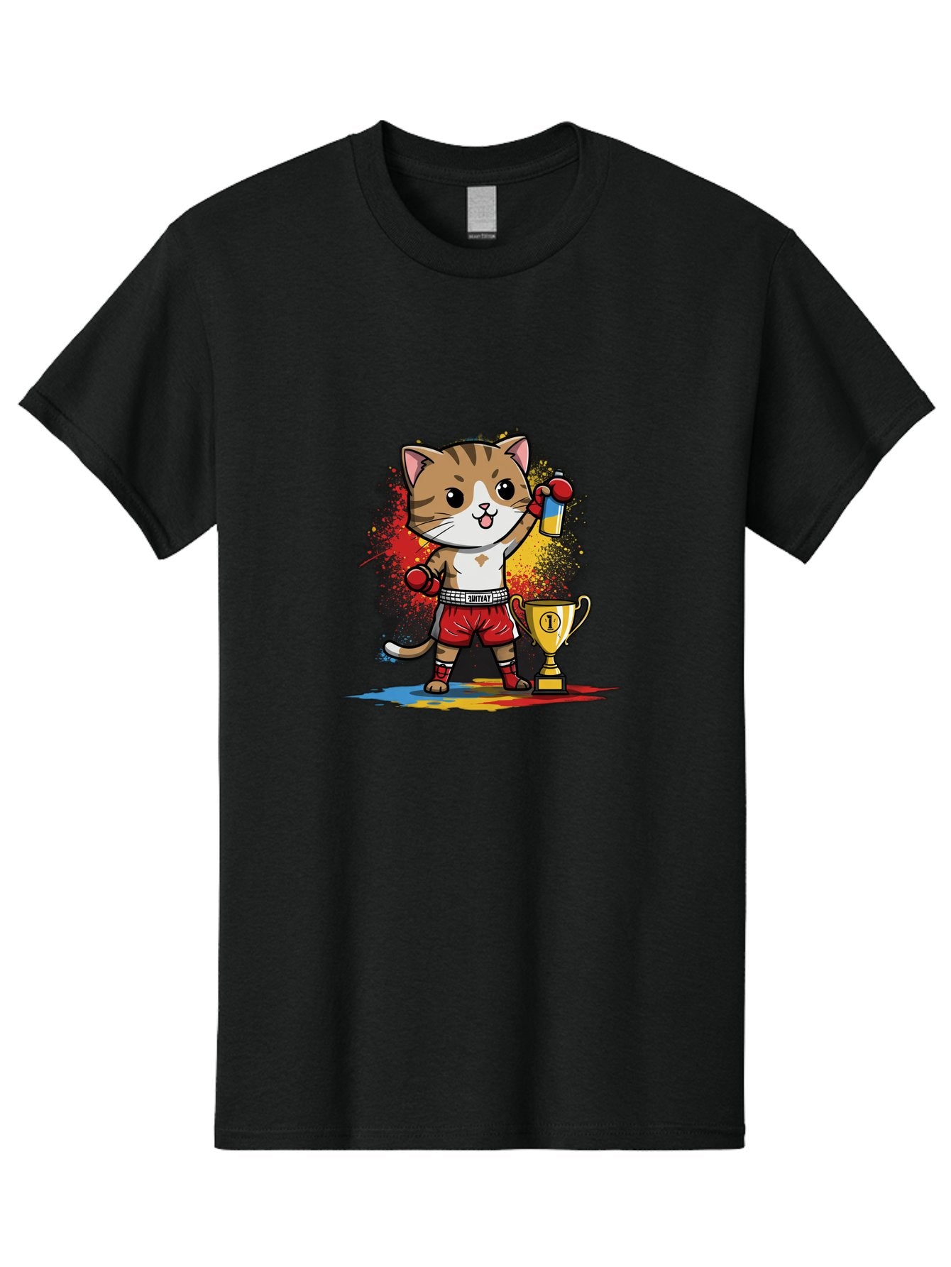 Cat-With-Trophy Men'S Graphic Tee, 100% Cotton, Comfortable Casual Summer Wear, Machine Washable, Cartoon Cat Boxer, Championship Trophy, Boxing Gloves, Champion Title, Victorious Pose, Confident Cat, Boxing Champion, Winner Cat Bae404 3
