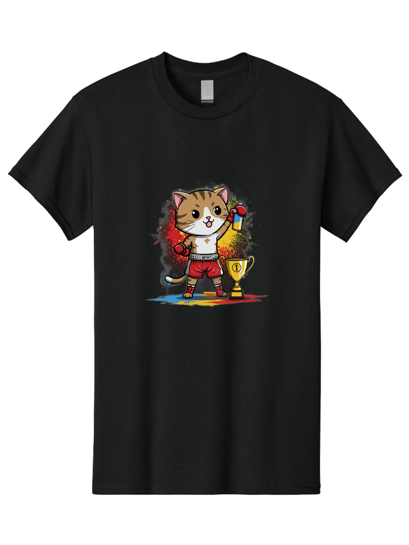 Cat-With-Trophy Men'S Graphic Tee, 100% Cotton, Comfortable Casual Summer Wear, Machine Washable, Cartoon Cat Boxer, Championship Trophy, Boxing Gloves, Champion Title, Victorious Pose, Confident Cat, Boxing Champion, Winner Cat Bae404 9