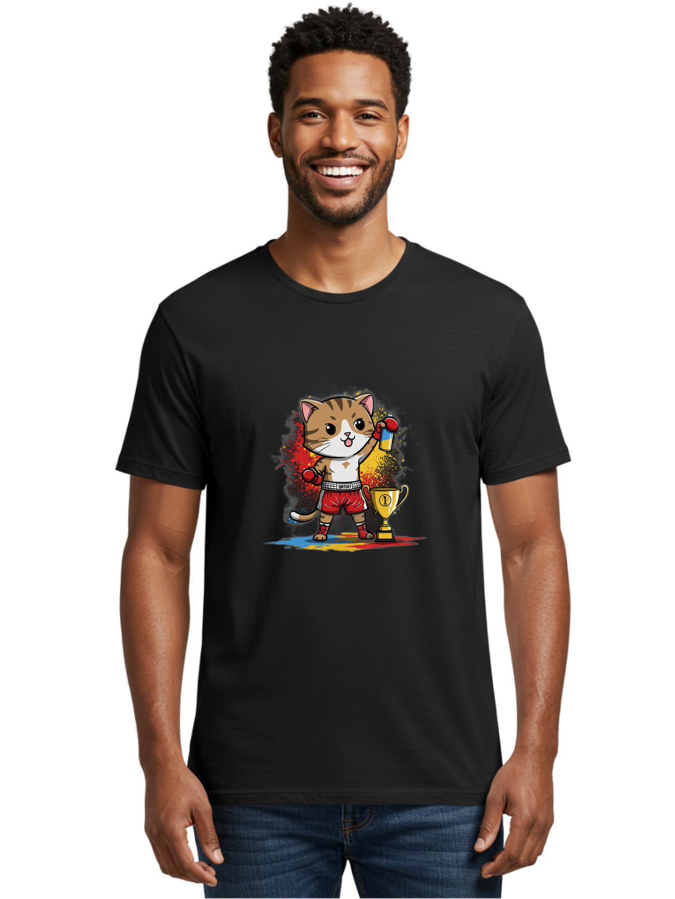 Cat-With-Trophy Men'S Graphic Tee, 100% Cotton, Comfortable Casual Summer Wear, Machine Washable, Cartoon Cat Boxer, Championship Trophy, Boxing Gloves, Champion Title, Victorious Pose, Confident Cat, Boxing Champion, Winner Cat Bae404 24