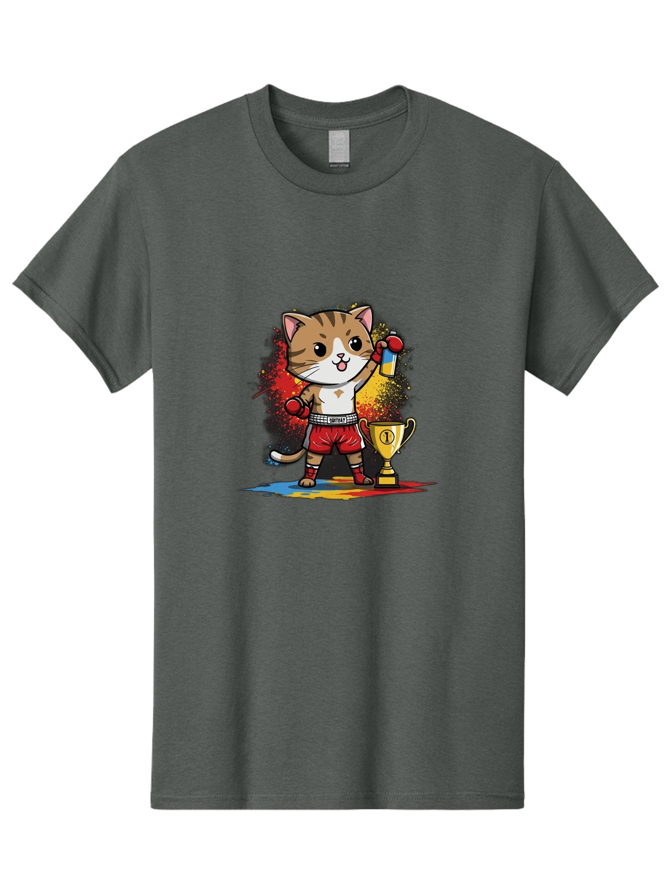 Cat-With-Trophy Men'S Graphic Tee, 100% Cotton, Comfortable Casual Summer Wear, Machine Washable, Cartoon Cat Boxer, Championship Trophy, Boxing Gloves, Champion Title, Victorious Pose, Confident Cat, Boxing Champion, Winner Cat Bae404 4