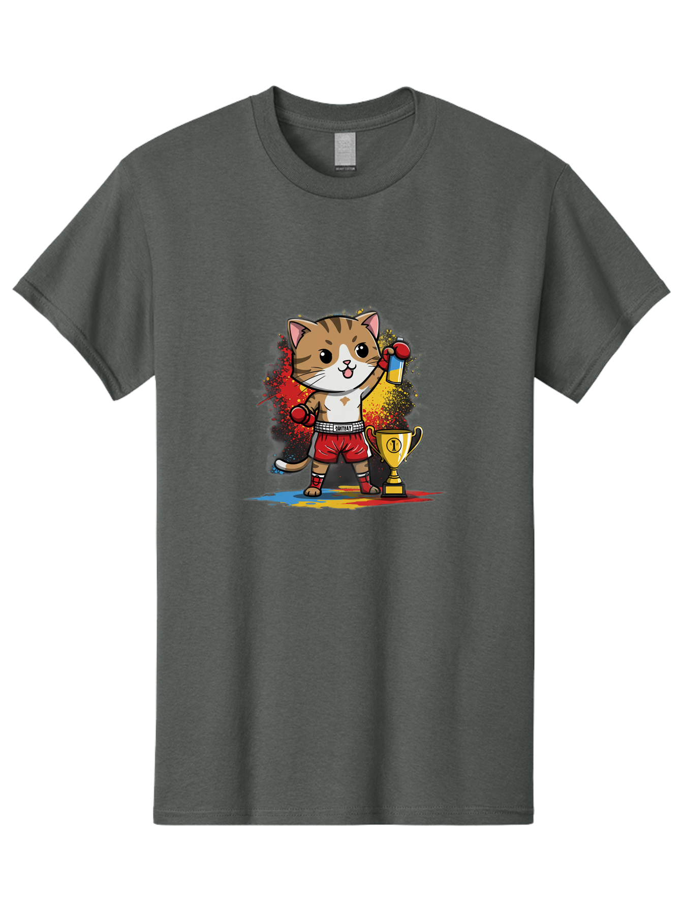Cat-With-Trophy Men'S Graphic Tee, 100% Cotton, Comfortable Casual Summer Wear, Machine Washable, Cartoon Cat Boxer, Championship Trophy, Boxing Gloves, Champion Title, Victorious Pose, Confident Cat, Boxing Champion, Winner Cat Bae404 12