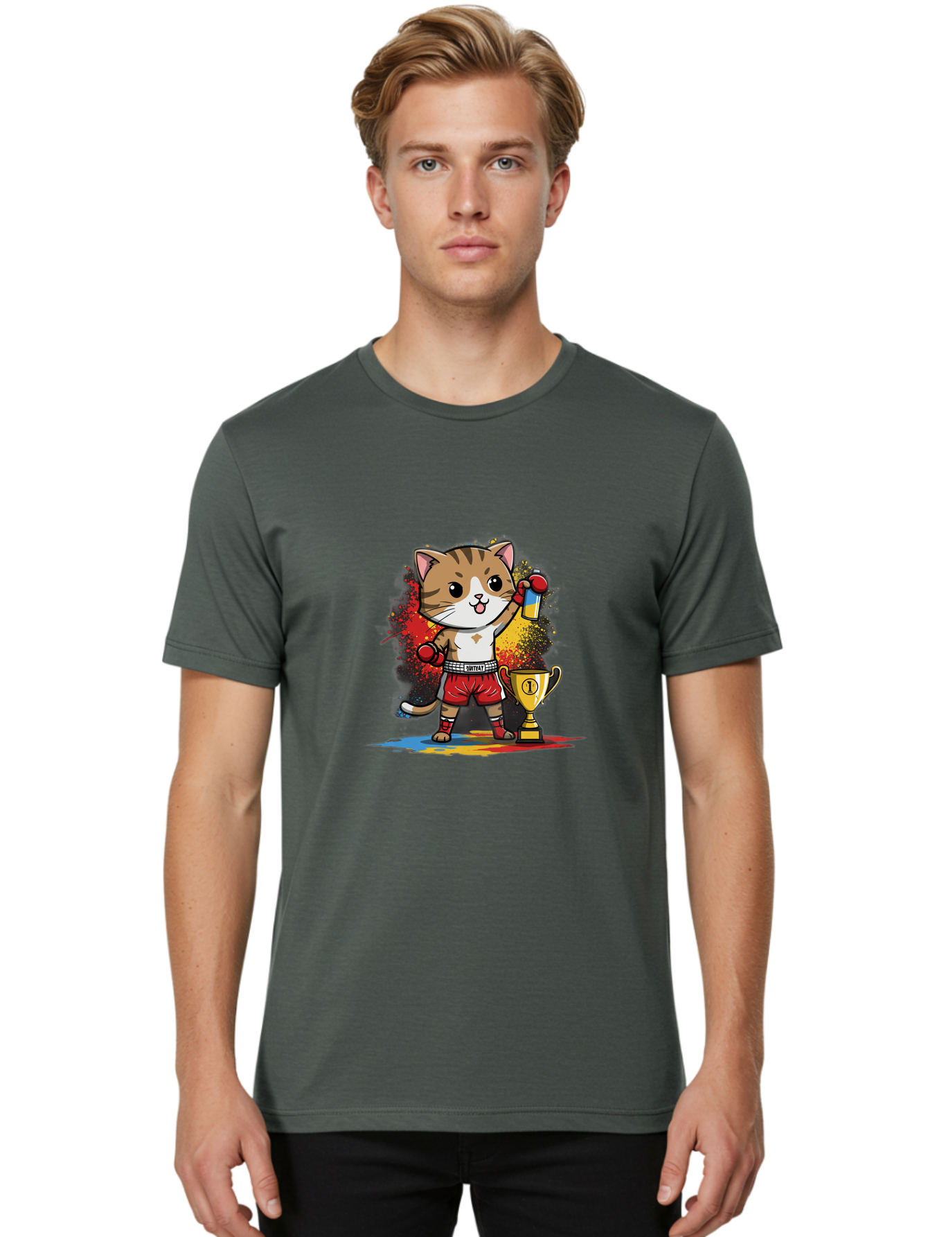 Cat-With-Trophy Men'S Graphic Tee, 100% Cotton, Comfortable Casual Summer Wear, Machine Washable, Cartoon Cat Boxer, Championship Trophy, Boxing Gloves, Champion Title, Victorious Pose, Confident Cat, Boxing Champion, Winner Cat Bae404 27
