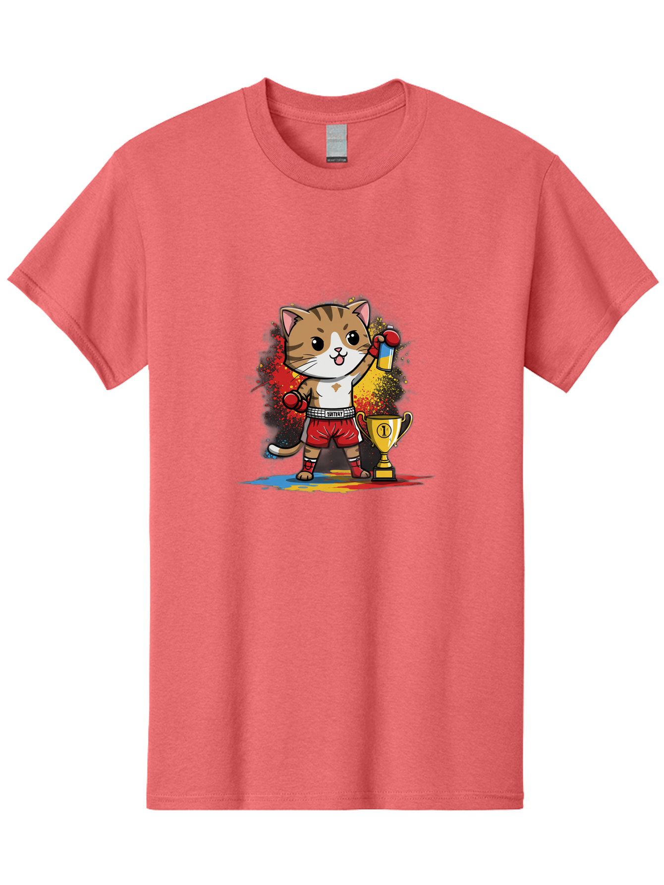 Cat-With-Trophy Men'S Graphic Tee, 100% Cotton, Comfortable Casual Summer Wear, Machine Washable, Cartoon Cat Boxer, Championship Trophy, Boxing Gloves, Champion Title, Victorious Pose, Confident Cat, Boxing Champion, Winner Cat Bae404 3