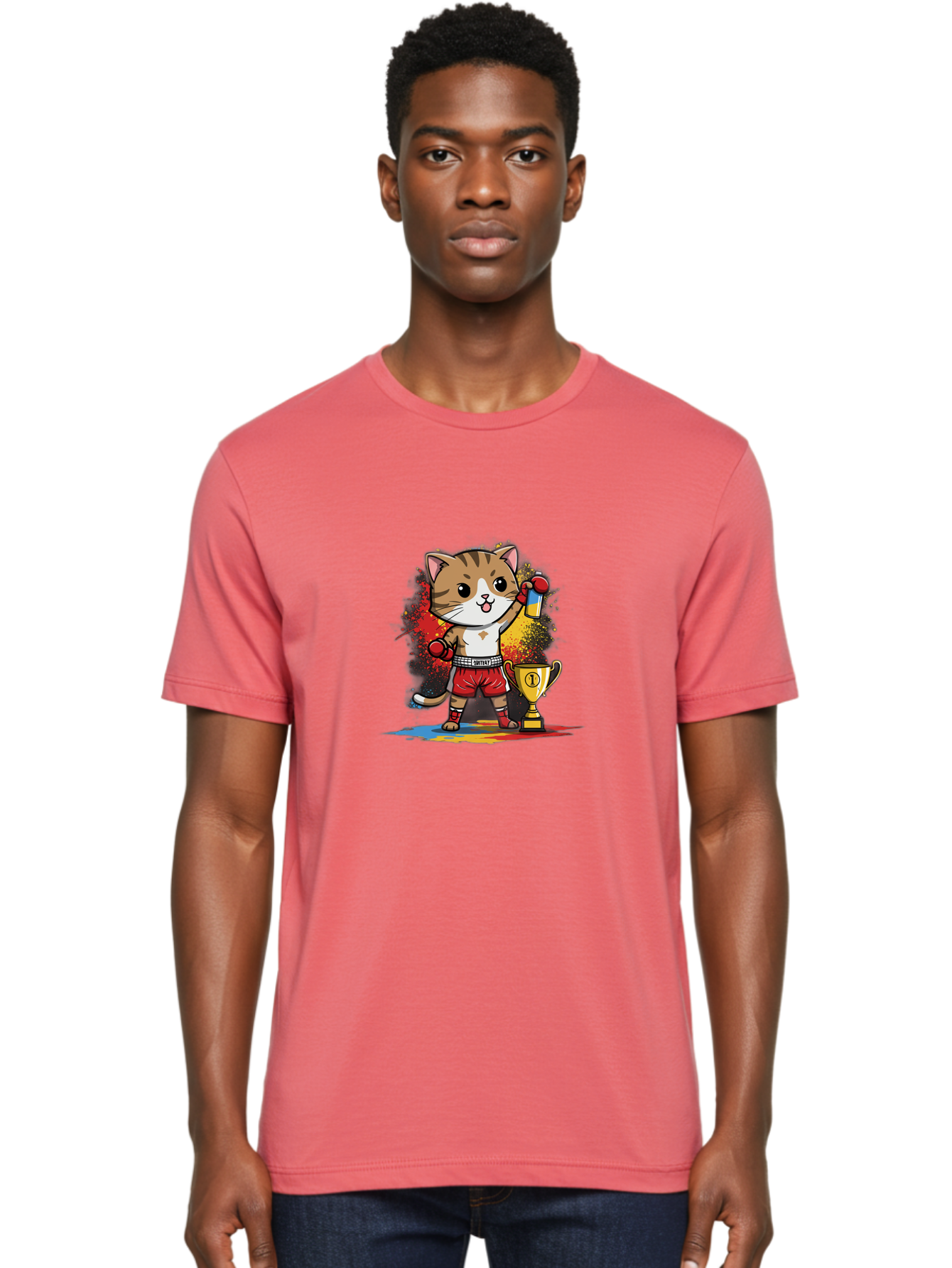 Cat-With-Trophy Men'S Graphic Tee, 100% Cotton, Comfortable Casual Summer Wear, Machine Washable, Cartoon Cat Boxer, Championship Trophy, Boxing Gloves, Champion Title, Victorious Pose, Confident Cat, Boxing Champion, Winner Cat Bae404 18