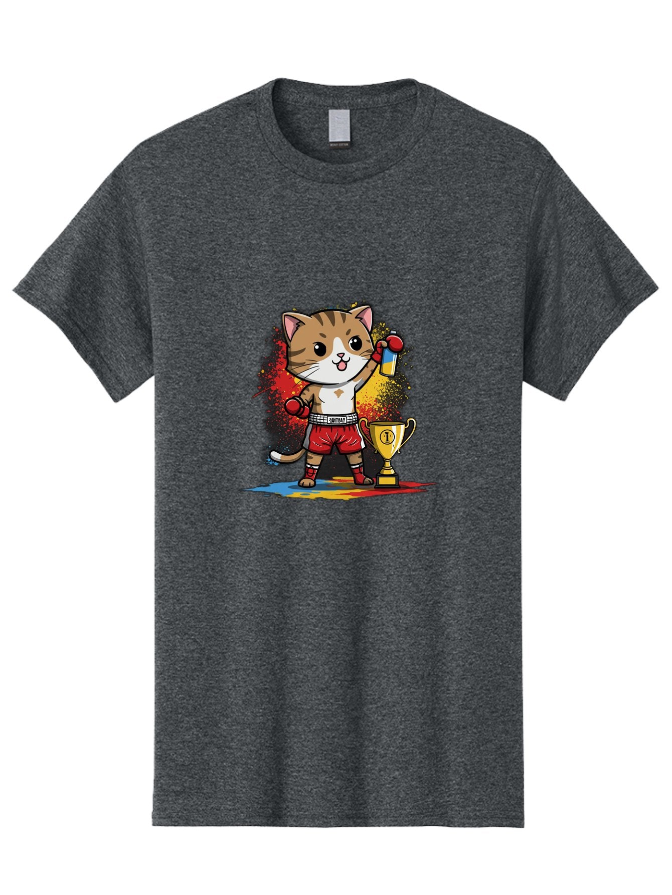 Cat-With-Trophy Men'S Graphic Tee, 100% Cotton, Comfortable Casual Summer Wear, Machine Washable, Cartoon Cat Boxer, Championship Trophy, Boxing Gloves, Champion Title, Victorious Pose, Confident Cat, Boxing Champion, Winner Cat Bae404 8