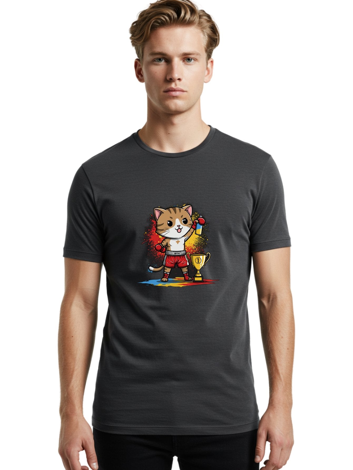 Cat-With-Trophy Men'S Graphic Tee, 100% Cotton, Comfortable Casual Summer Wear, Machine Washable, Cartoon Cat Boxer, Championship Trophy, Boxing Gloves, Champion Title, Victorious Pose, Confident Cat, Boxing Champion, Winner Cat Bae404 25