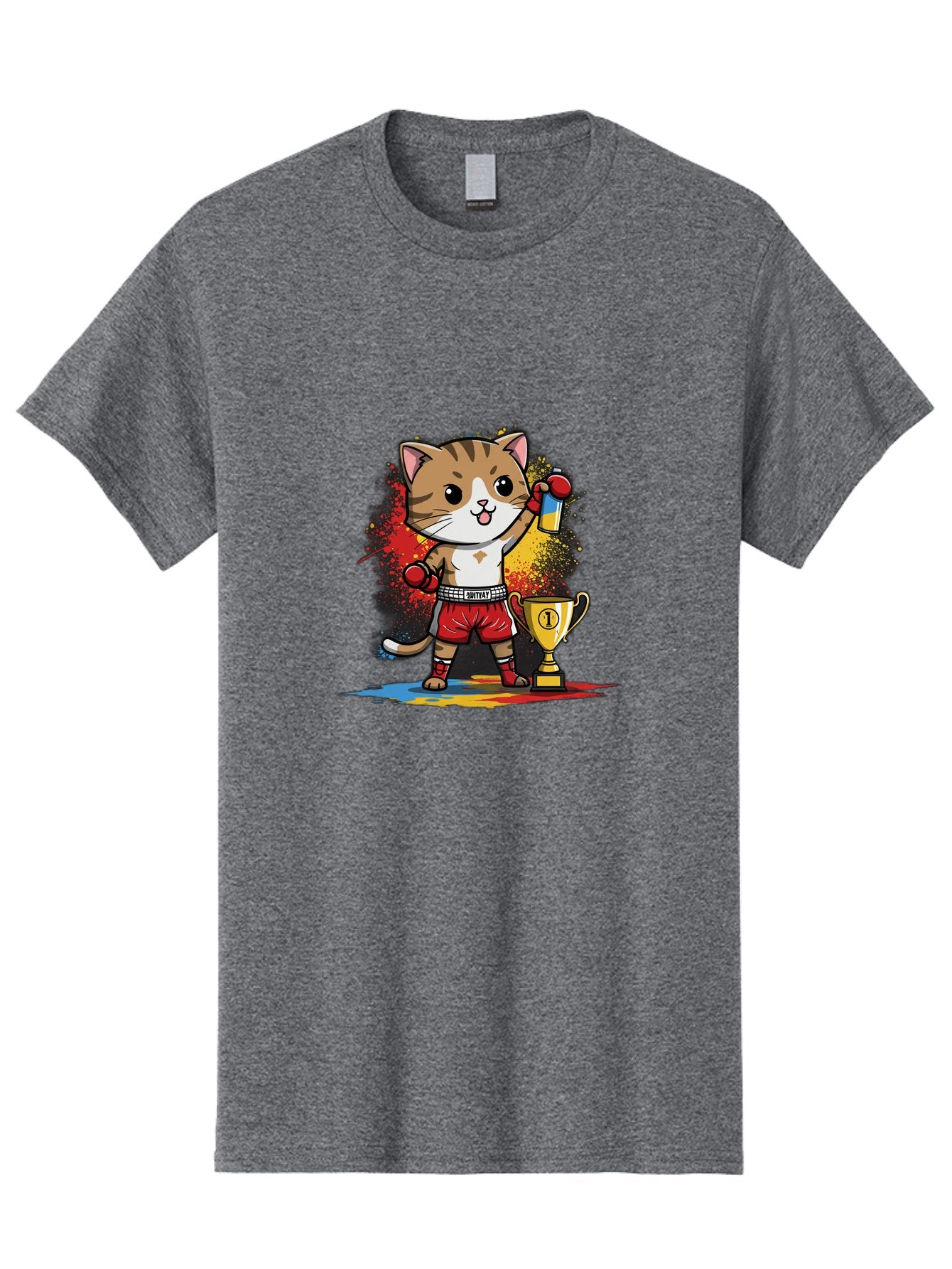 Cat-With-Trophy Men'S Graphic Tee, 100% Cotton, Comfortable Casual Summer Wear, Machine Washable, Cartoon Cat Boxer, Championship Trophy, Boxing Gloves, Champion Title, Victorious Pose, Confident Cat, Boxing Champion, Winner Cat Bae404 9