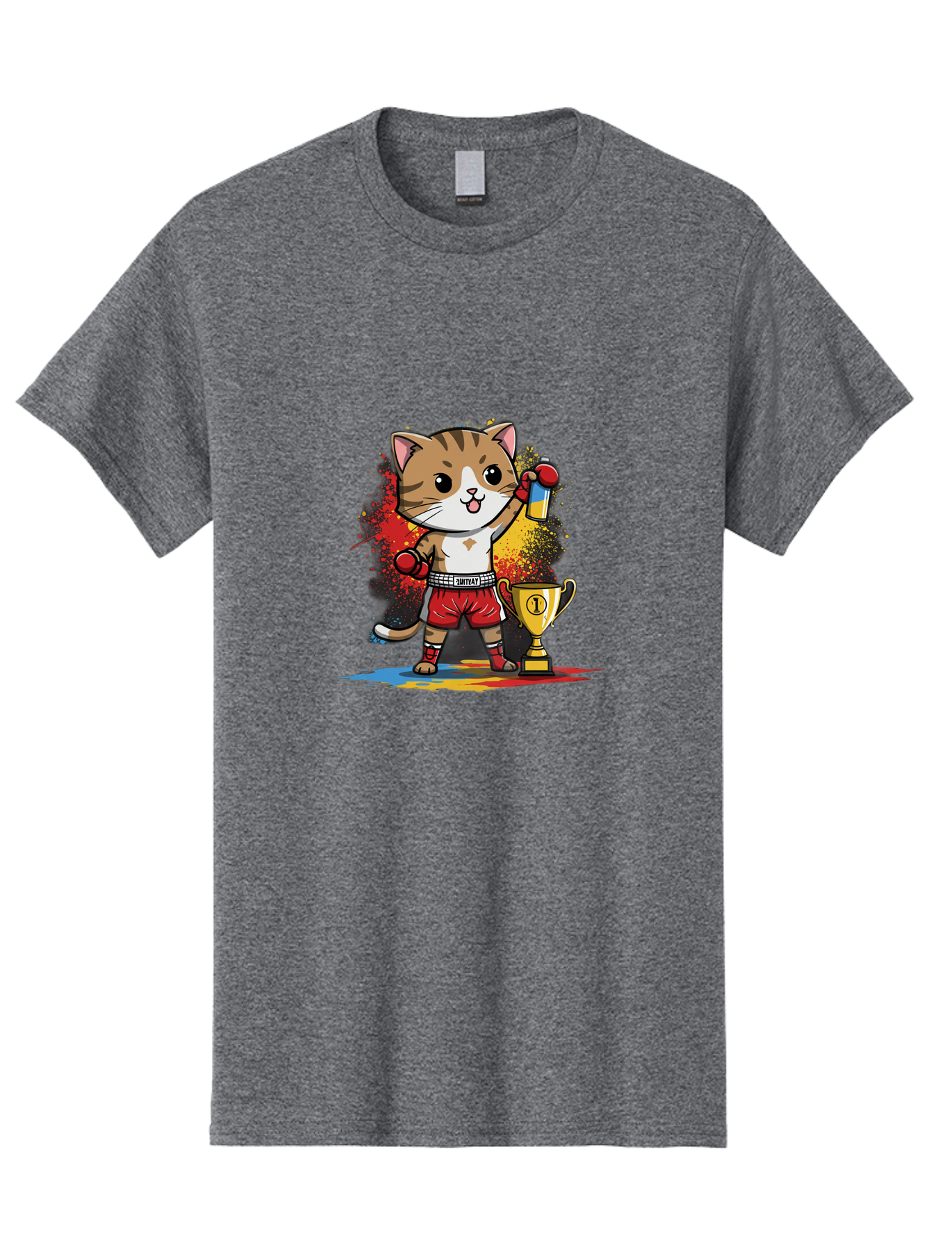 Cat-With-Trophy Men'S Graphic Tee, 100% Cotton, Comfortable Casual Summer Wear, Machine Washable, Cartoon Cat Boxer, Championship Trophy, Boxing Gloves, Champion Title, Victorious Pose, Confident Cat, Boxing Champion, Winner Cat Bae404 5