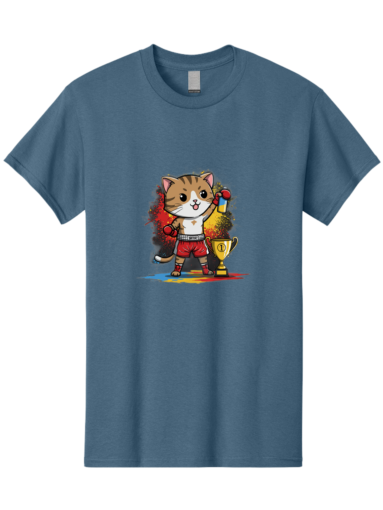 Cat-With-Trophy Men'S Graphic Tee, 100% Cotton, Comfortable Casual Summer Wear, Machine Washable, Cartoon Cat Boxer, Championship Trophy, Boxing Gloves, Champion Title, Victorious Pose, Confident Cat, Boxing Champion, Winner Cat Bae404 14