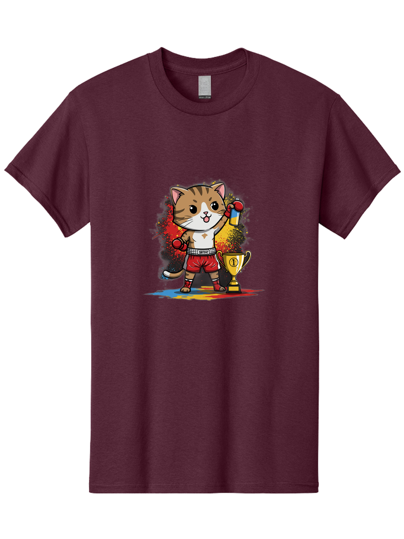 Cat-With-Trophy Men'S Graphic Tee, 100% Cotton, Comfortable Casual Summer Wear, Machine Washable, Cartoon Cat Boxer, Championship Trophy, Boxing Gloves, Champion Title, Victorious Pose, Confident Cat, Boxing Champion, Winner Cat Bae404 11