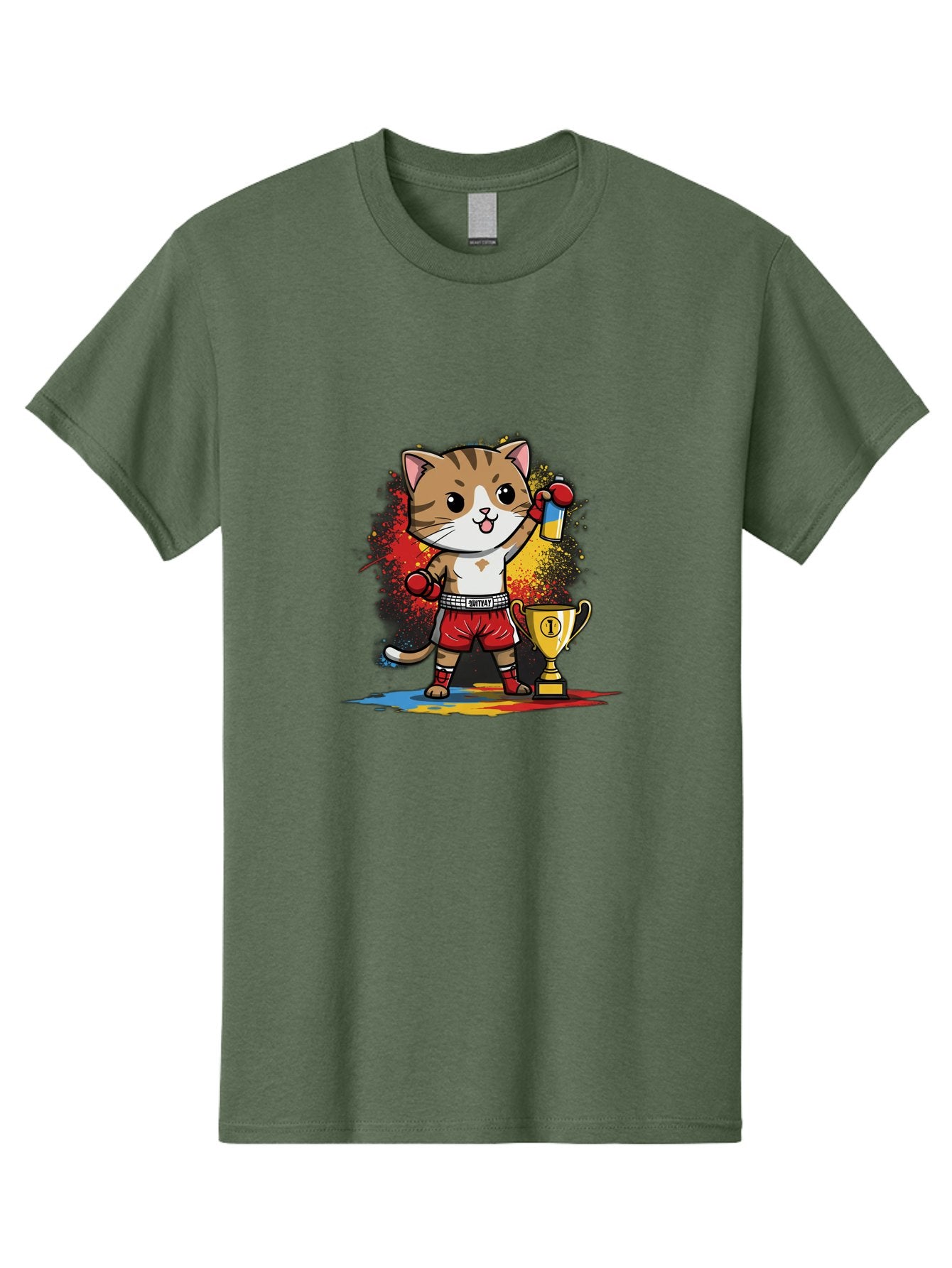 Cat-With-Trophy Men'S Graphic Tee, 100% Cotton, Comfortable Casual Summer Wear, Machine Washable, Cartoon Cat Boxer, Championship Trophy, Boxing Gloves, Champion Title, Victorious Pose, Confident Cat, Boxing Champion, Winner Cat Bae404 14