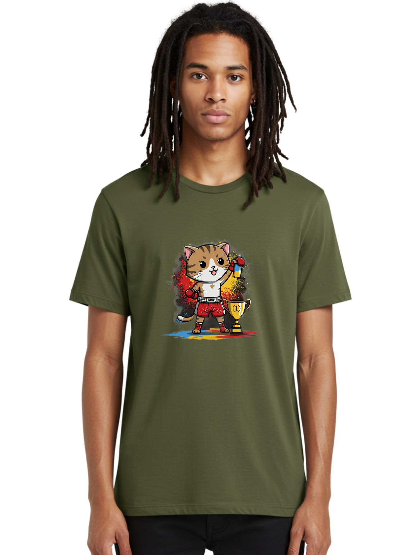 Cat-With-Trophy Men'S Graphic Tee, 100% Cotton, Comfortable Casual Summer Wear, Machine Washable, Cartoon Cat Boxer, Championship Trophy, Boxing Gloves, Champion Title, Victorious Pose, Confident Cat, Boxing Champion, Winner Cat Bae404 17
