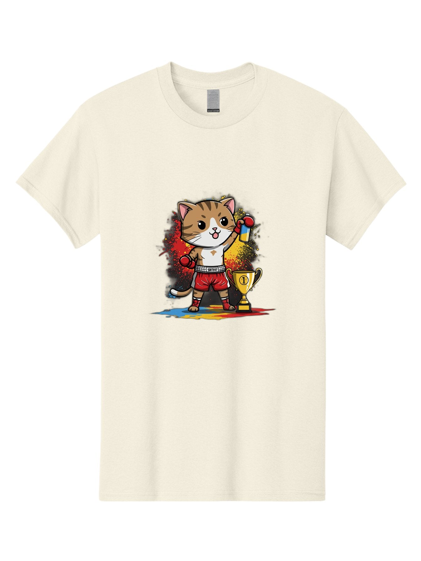 Cat-With-Trophy Men'S Graphic Tee, 100% Cotton, Comfortable Casual Summer Wear, Machine Washable, Cartoon Cat Boxer, Championship Trophy, Boxing Gloves, Champion Title, Victorious Pose, Confident Cat, Boxing Champion, Winner Cat Bae404 13