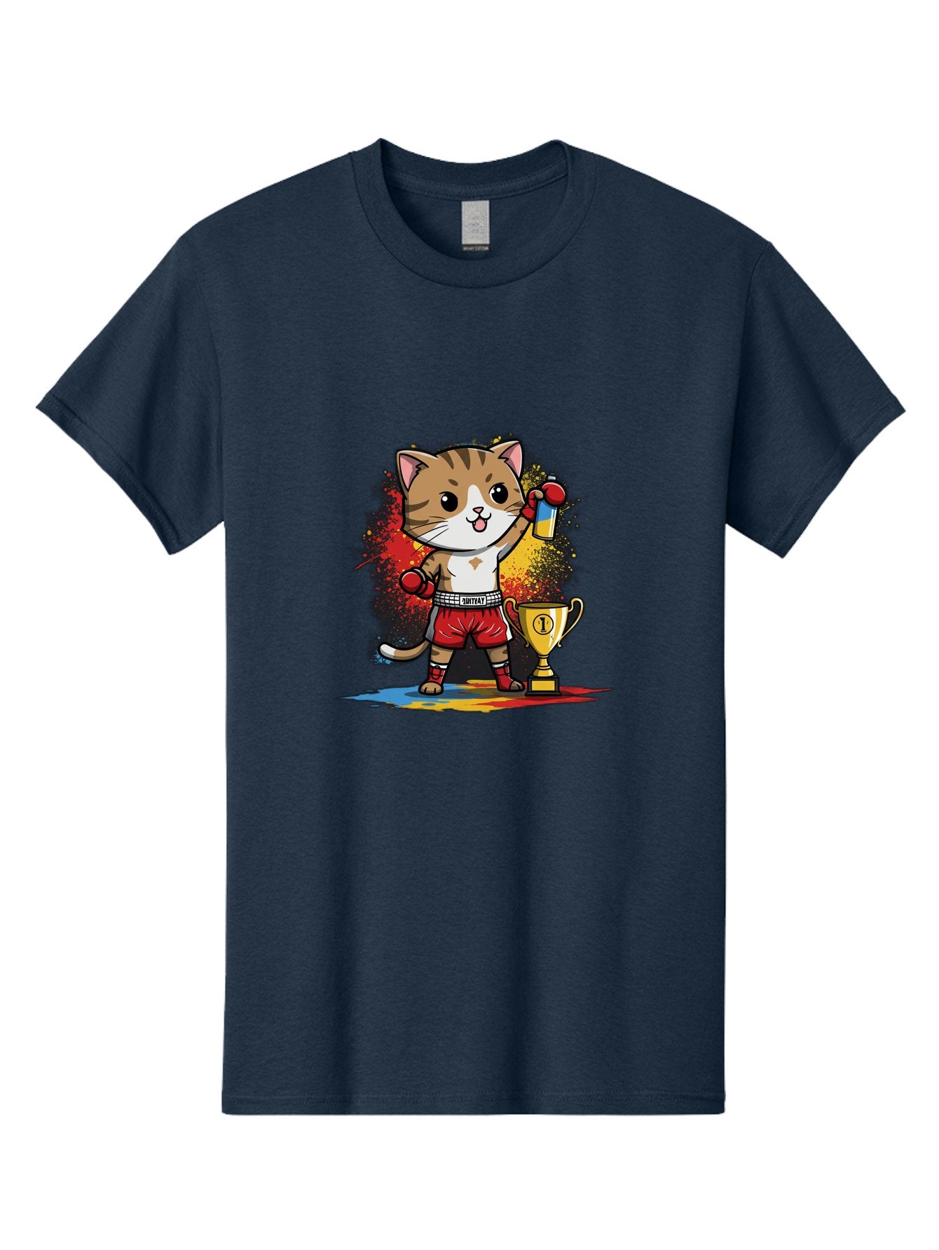 Cat-With-Trophy Men'S Graphic Tee, 100% Cotton, Comfortable Casual Summer Wear, Machine Washable, Cartoon Cat Boxer, Championship Trophy, Boxing Gloves, Champion Title, Victorious Pose, Confident Cat, Boxing Champion, Winner Cat Bae404