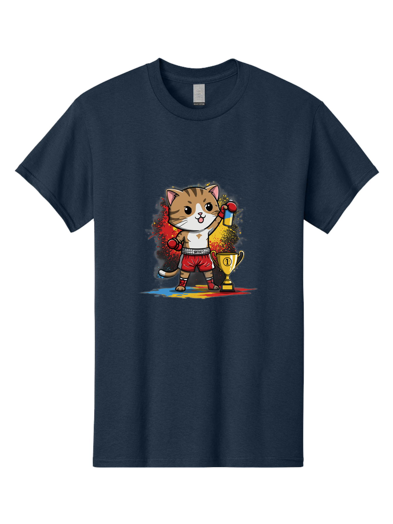 Cat-With-Trophy Men'S Graphic Tee, 100% Cotton, Comfortable Casual Summer Wear, Machine Washable, Cartoon Cat Boxer, Championship Trophy, Boxing Gloves, Champion Title, Victorious Pose, Confident Cat, Boxing Champion, Winner Cat Bae404 10