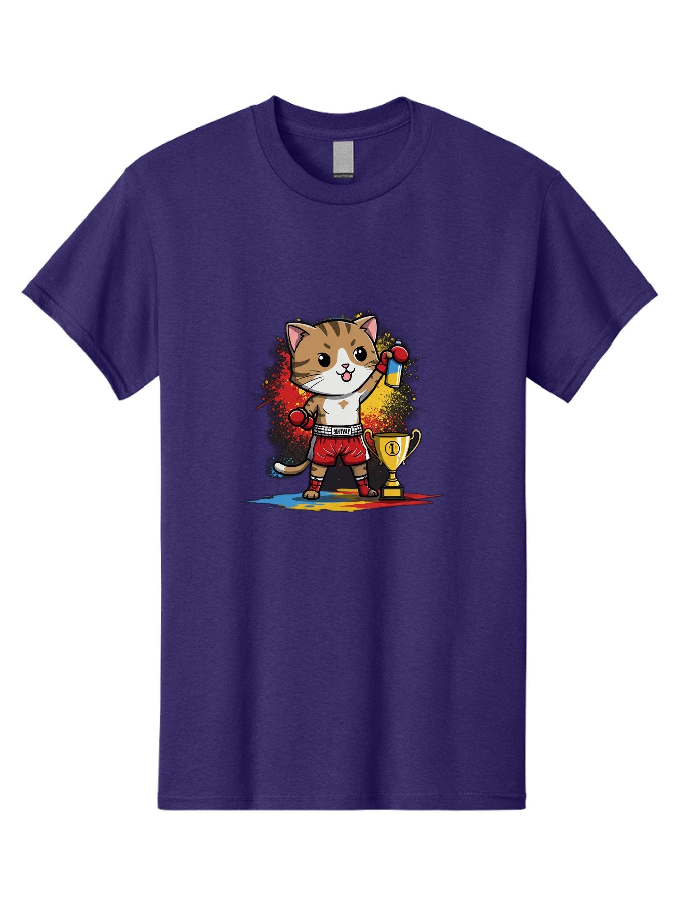 Cat-With-Trophy Men'S Graphic Tee, 100% Cotton, Comfortable Casual Summer Wear, Machine Washable, Cartoon Cat Boxer, Championship Trophy, Boxing Gloves, Champion Title, Victorious Pose, Confident Cat, Boxing Champion, Winner Cat Bae404 15