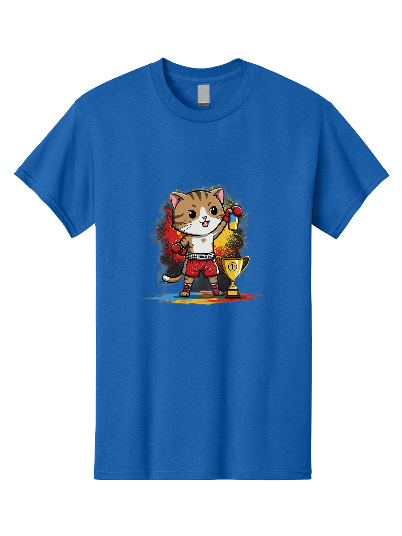 Cat-With-Trophy Men'S Graphic Tee, 100% Cotton, Comfortable Casual Summer Wear, Machine Washable, Cartoon Cat Boxer, Championship Trophy, Boxing Gloves, Champion Title, Victorious Pose, Confident Cat, Boxing Champion, Winner Cat Bae404 13