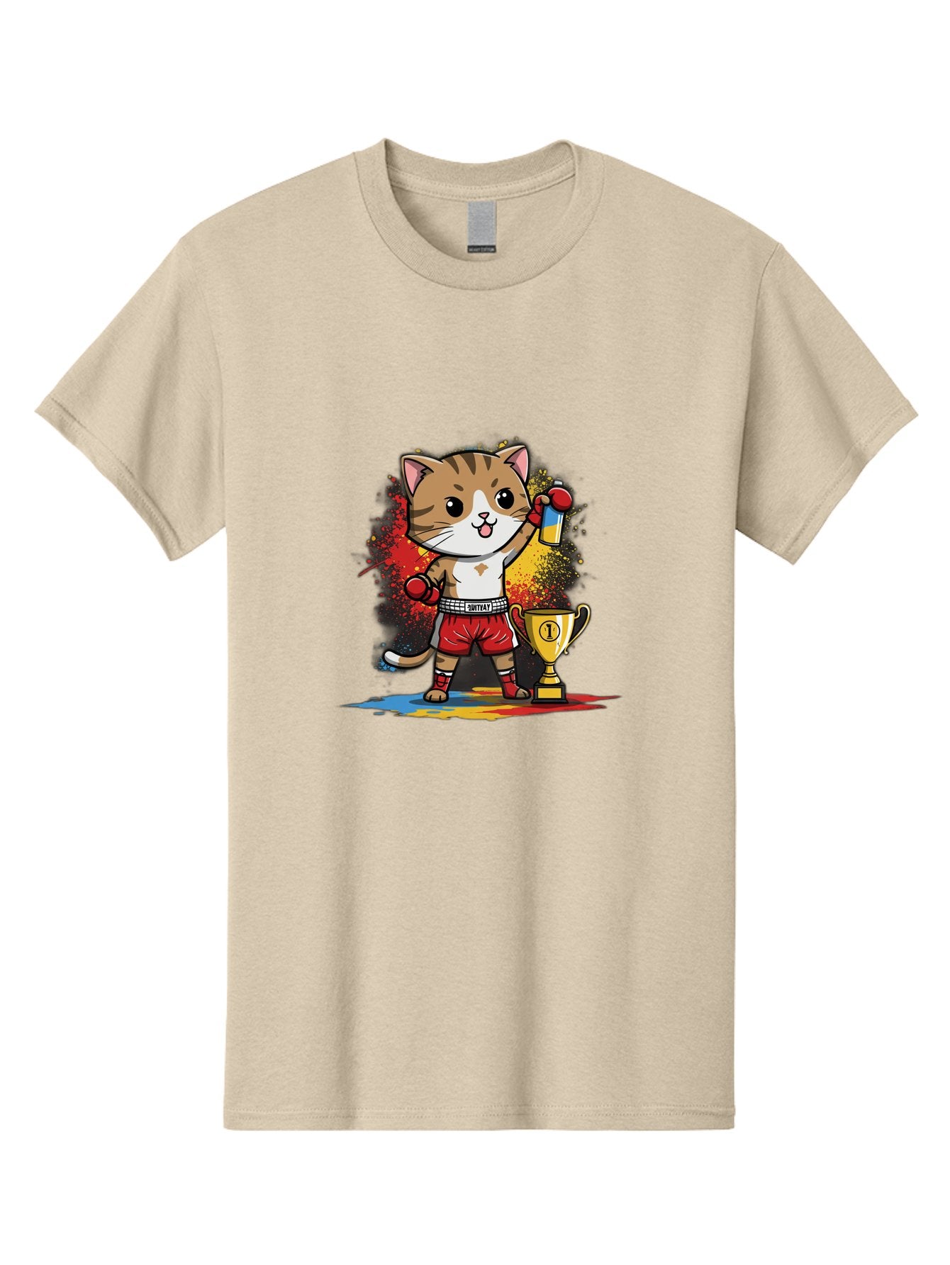 Cat-With-Trophy Men'S Graphic Tee, 100% Cotton, Comfortable Casual Summer Wear, Machine Washable, Cartoon Cat Boxer, Championship Trophy, Boxing Gloves, Champion Title, Victorious Pose, Confident Cat, Boxing Champion, Winner Cat Bae404 6